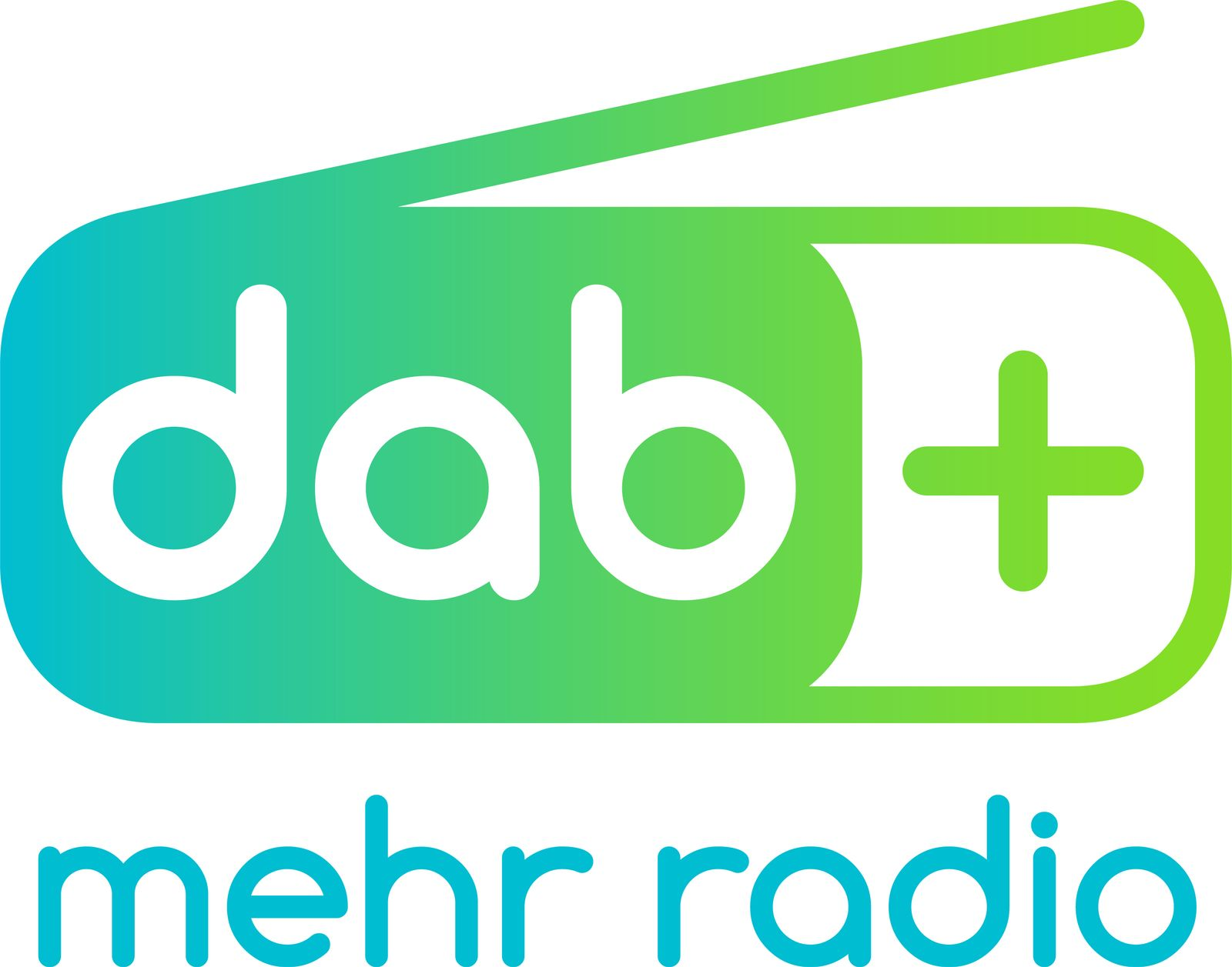 DAB+ Mehr Radio Logo. Es hat einen grünen und blauen Farbverlauf, mit den Worten 'DAB+'.