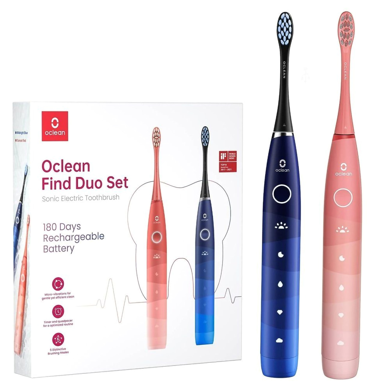 Zestaw Oclean Find Duo Set z dwoma elektrycznymi szczoteczkami do zębów i trzema innymi.