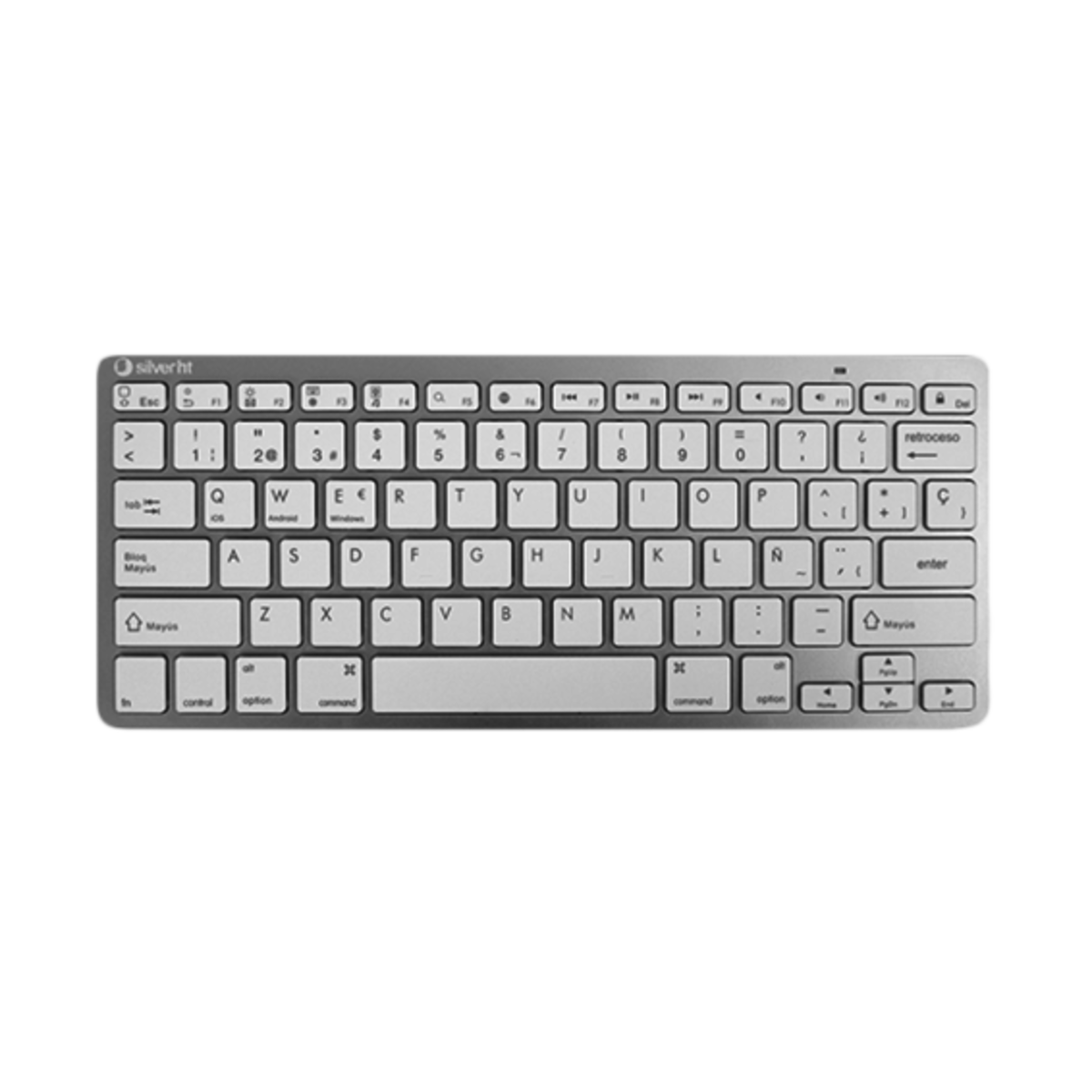 Srebrna klawiatura z białymi klawiszami. Klawisze oznaczone literami, cyframi i symbolami.