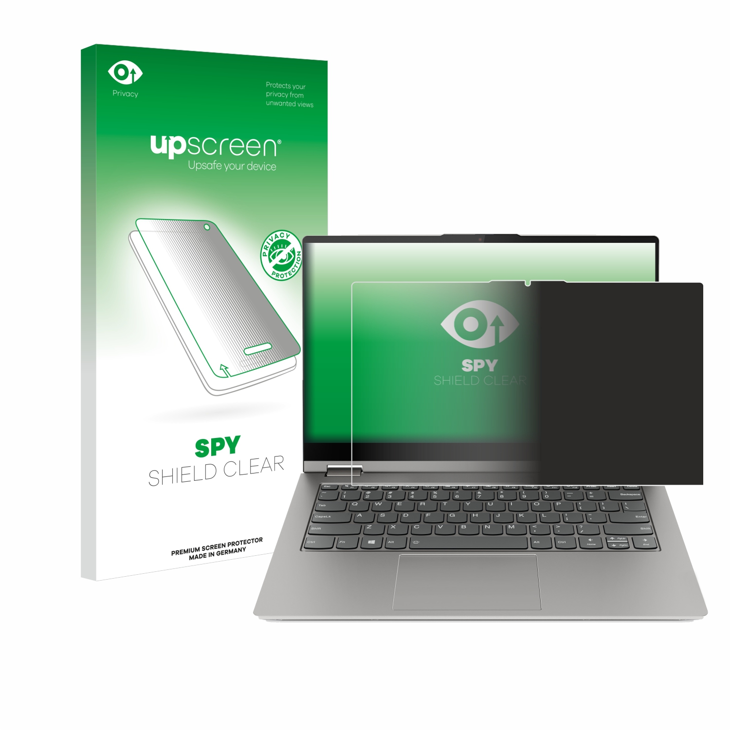 Ein Laptop und eine Displayschutzbox. Der Schutz befindet sich über dem Laptop-Bildschirm. Die Box ist weiß und grün.