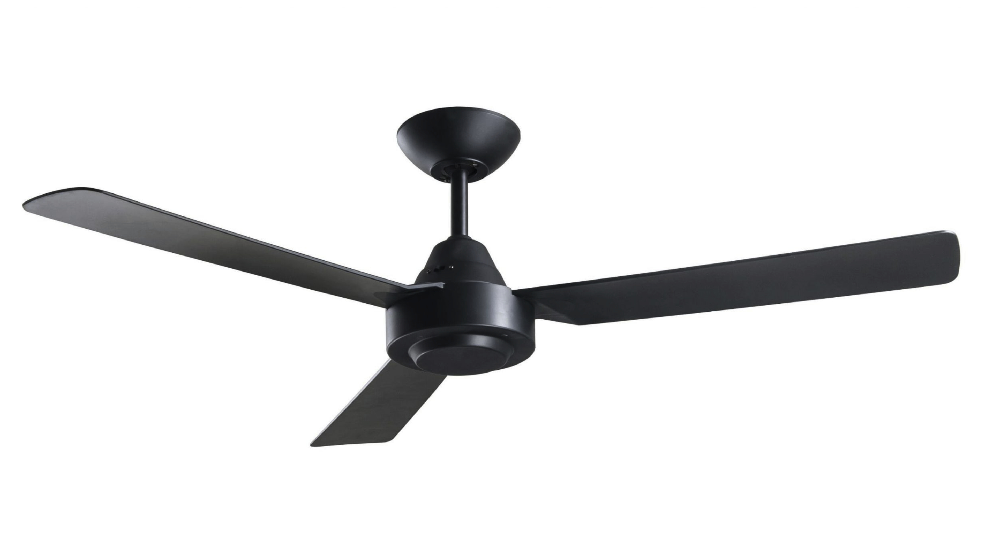 Ein schwarzer Deckenventilator mit drei Flügeln.