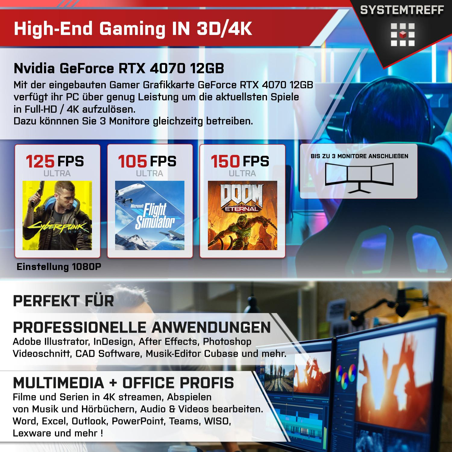 SYSTEMTREFF Gaming i7-12700K Nvidia mSSD, 12GB 4070 GeForce PC 1000 GB RTX Komplett Intel mit Prozessor, GDDR6, 12 Core 32 GB Komplett RAM, GB i7-12700K