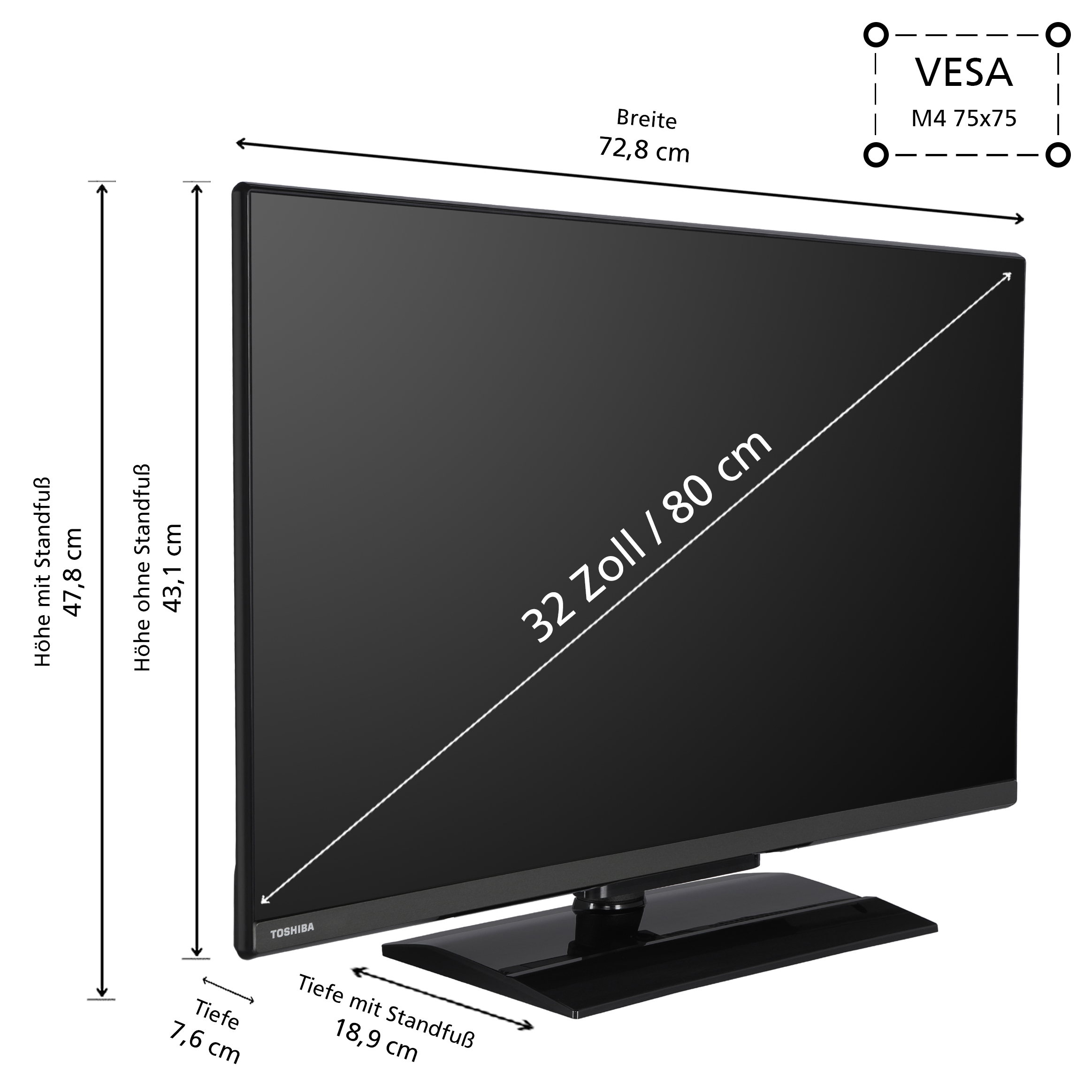 Ein schwarzer Flachbildfernseher mit Maßangaben, 32-Zoll-Bildschirm, auf einem schwarzen Ständer.