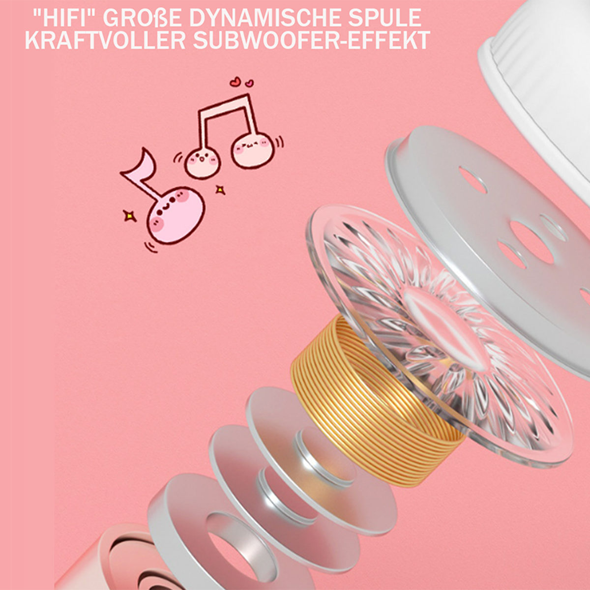 Ohrhörer. Illustration der internen Komponenten. Text lautet: 'HIFI' und 'GROBE DYNAMISCHE SPULE KRAFTVOLLER SUBWOOFER-EFFEKT'.