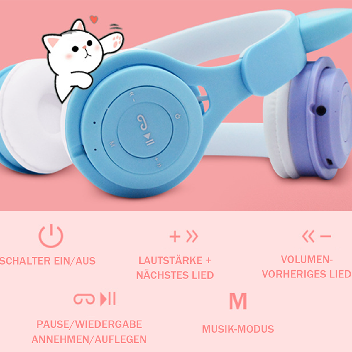 Blau-weiße Kopfhörer mit niedlicher Katzen-Grafik an der Seite.