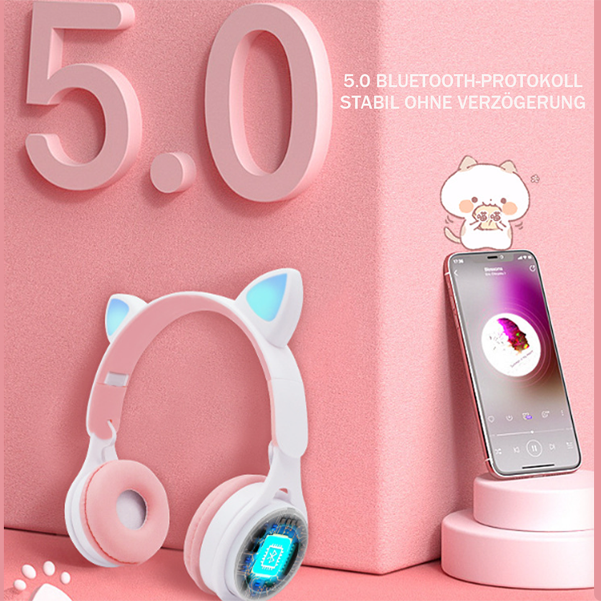 Pinke Kopfhörer mit Katzenohren und ein Smartphone, das Musiksteuerungen anzeigt. Der Hintergrund ist ebenfalls pink.