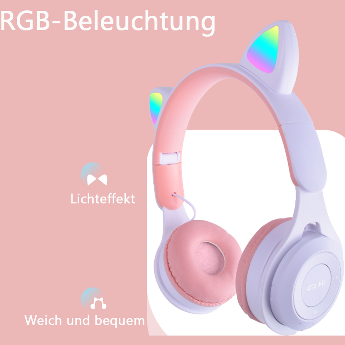 Pinke Katzenohr-Kopfhörer mit RGB-Beleuchtung, die ein weiches und komfortables Design zeigen.