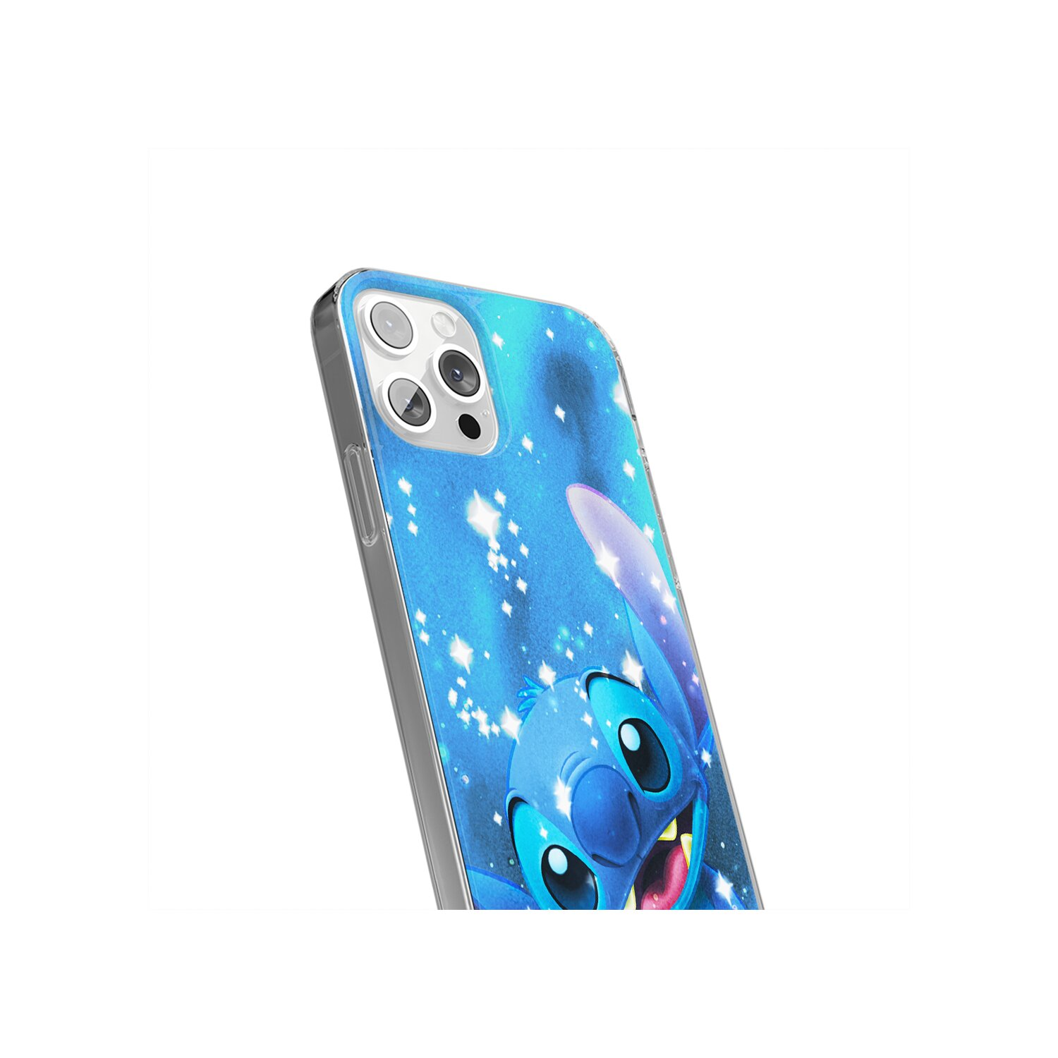 Handyhülle mit Stitch von Lilo & Stitch. Es ist eine blaue Hülle mit transparentem Rahmen.