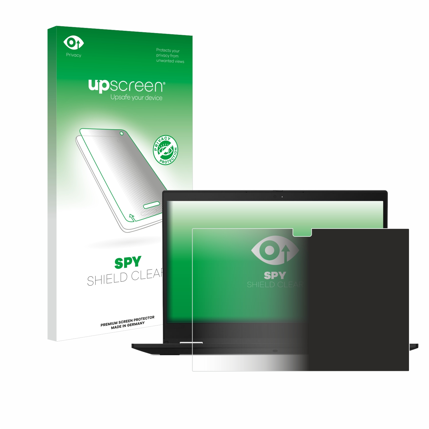 Laptop mit Displayschutzfolie. Der Displayschutz hat eine schwarze Tönung und eine Datenschutzfunktion.