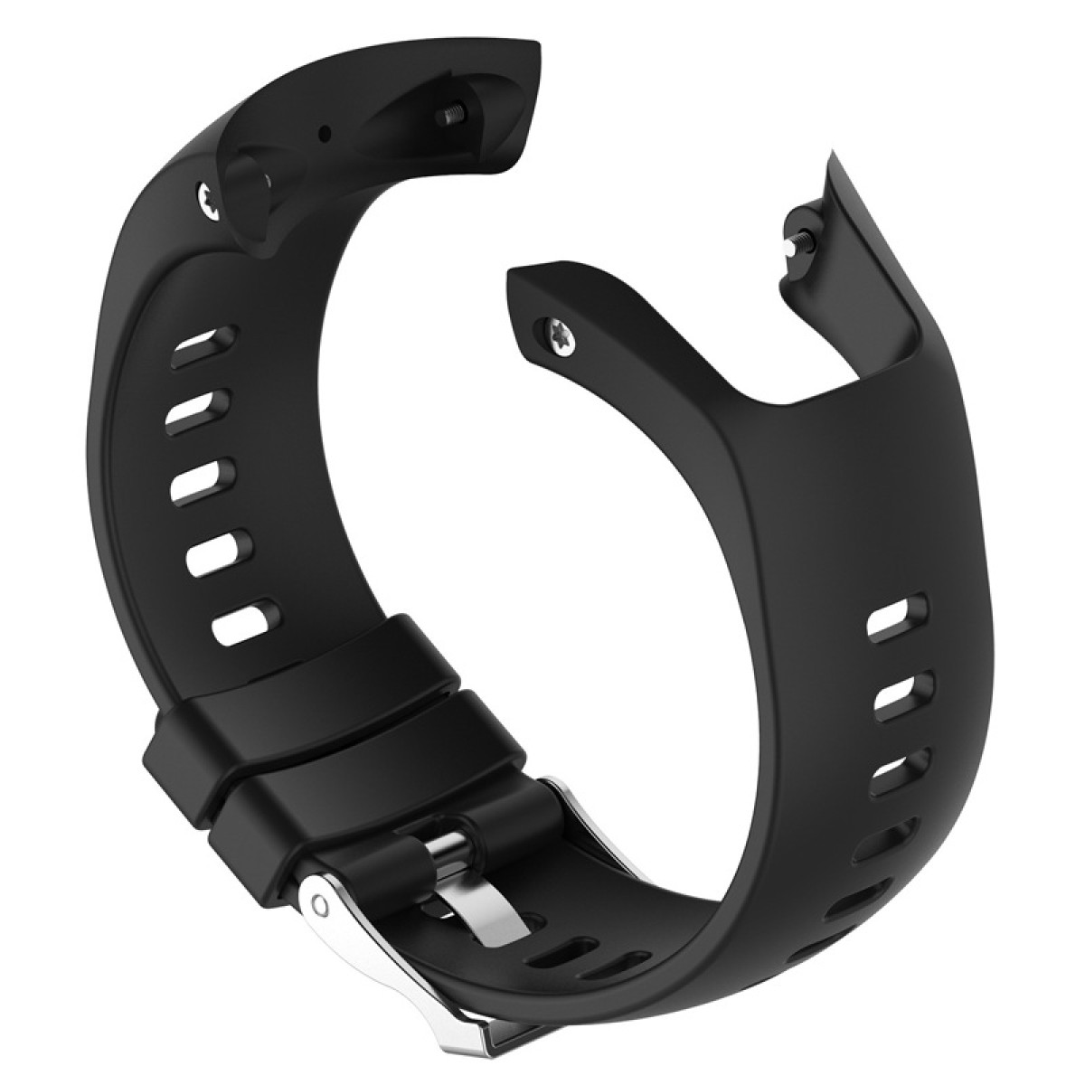 Een zwarte horlogeband met een zilveren gesp. Het is een vervanging voor een smartwatch.