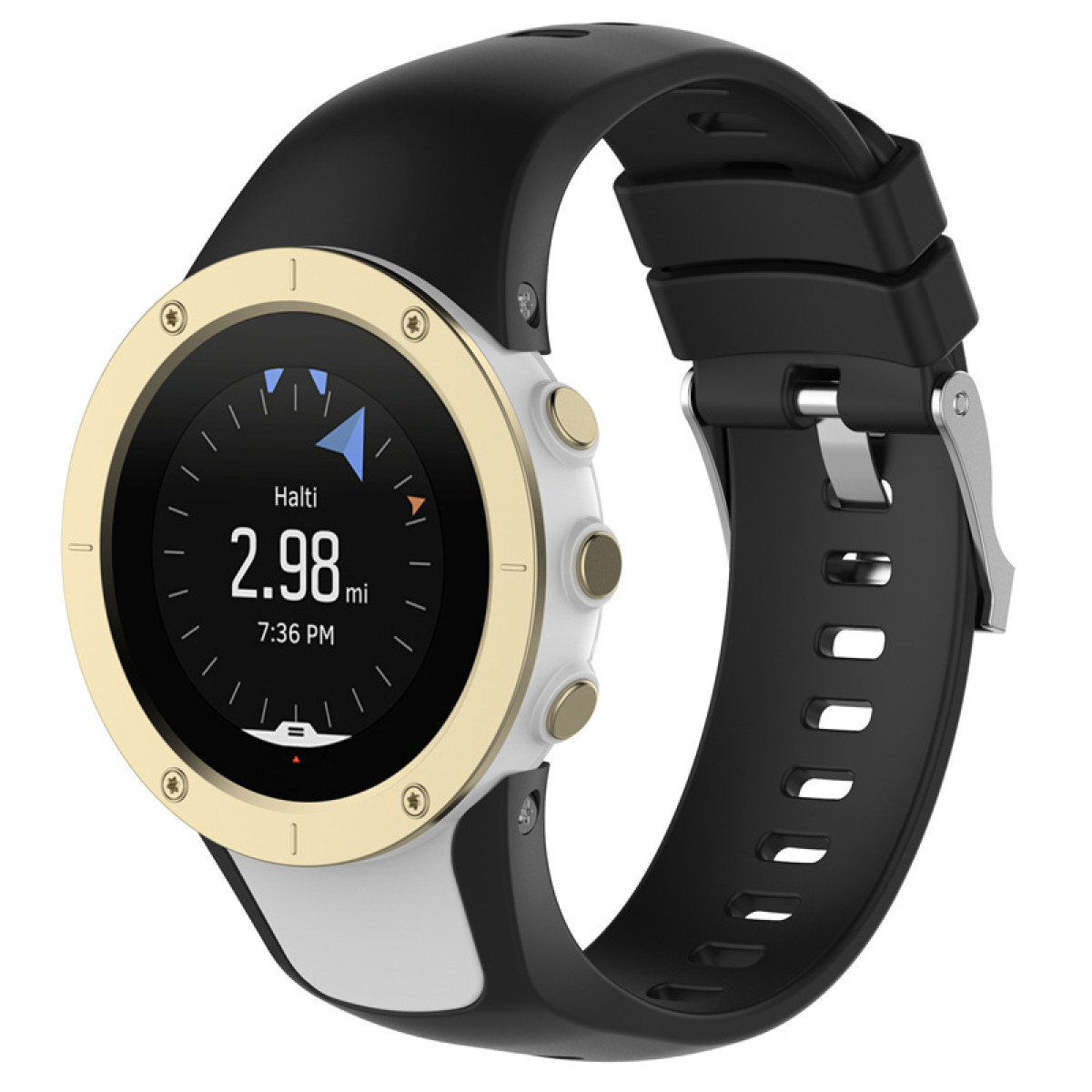Smartwatch met zwart-wit bandje, gouden rand. Scherm toont navigatie en tijd.