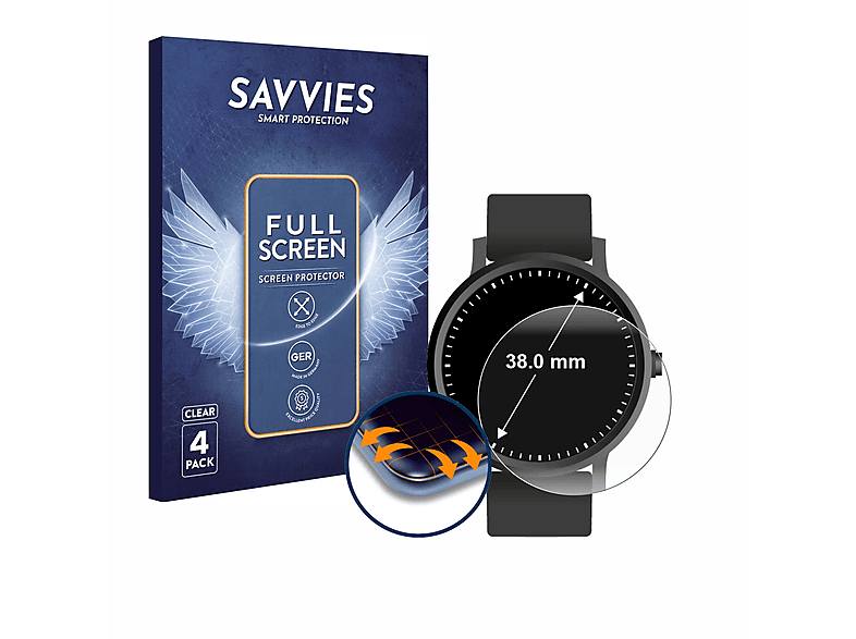 SAVVIES 4x Flex Full-Cover 3D Curved Schutzfolie(für Universal Kreisrunde Displays (ø: 38 mm))