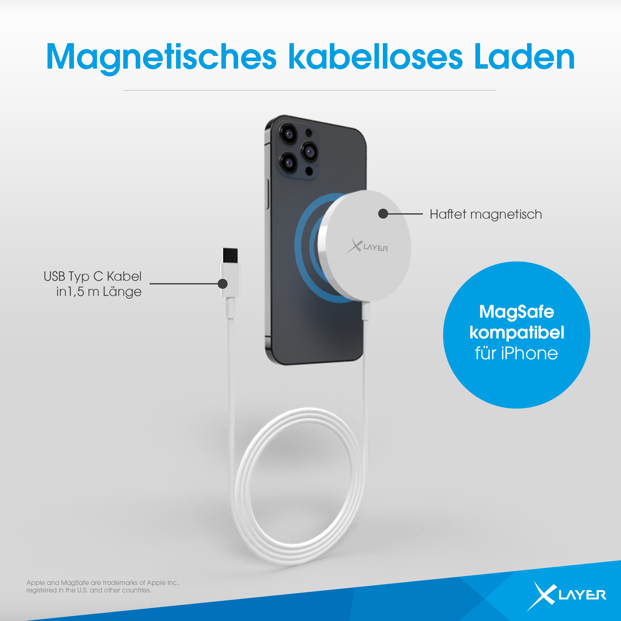 Schwarzes Telefon-Ladepad, das über ein weißes Kabel mit einem Telefon verbunden ist. Textbeschriftungen sind auf dem Bild.