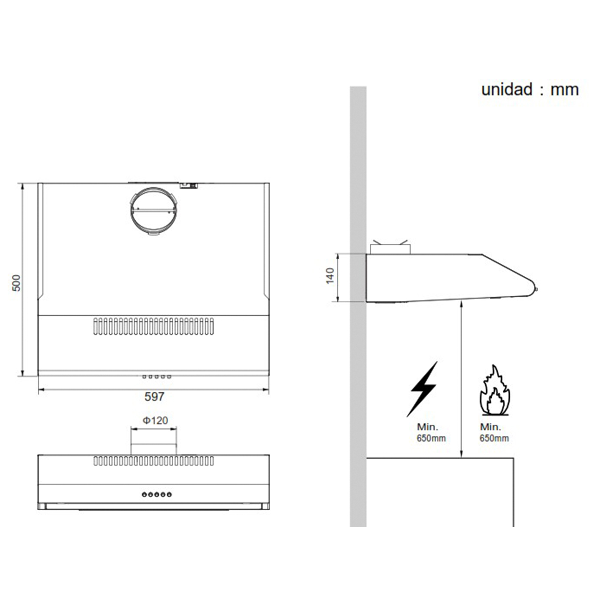 Dibujo técnico de una campana extractora con dimensiones y especificaciones.