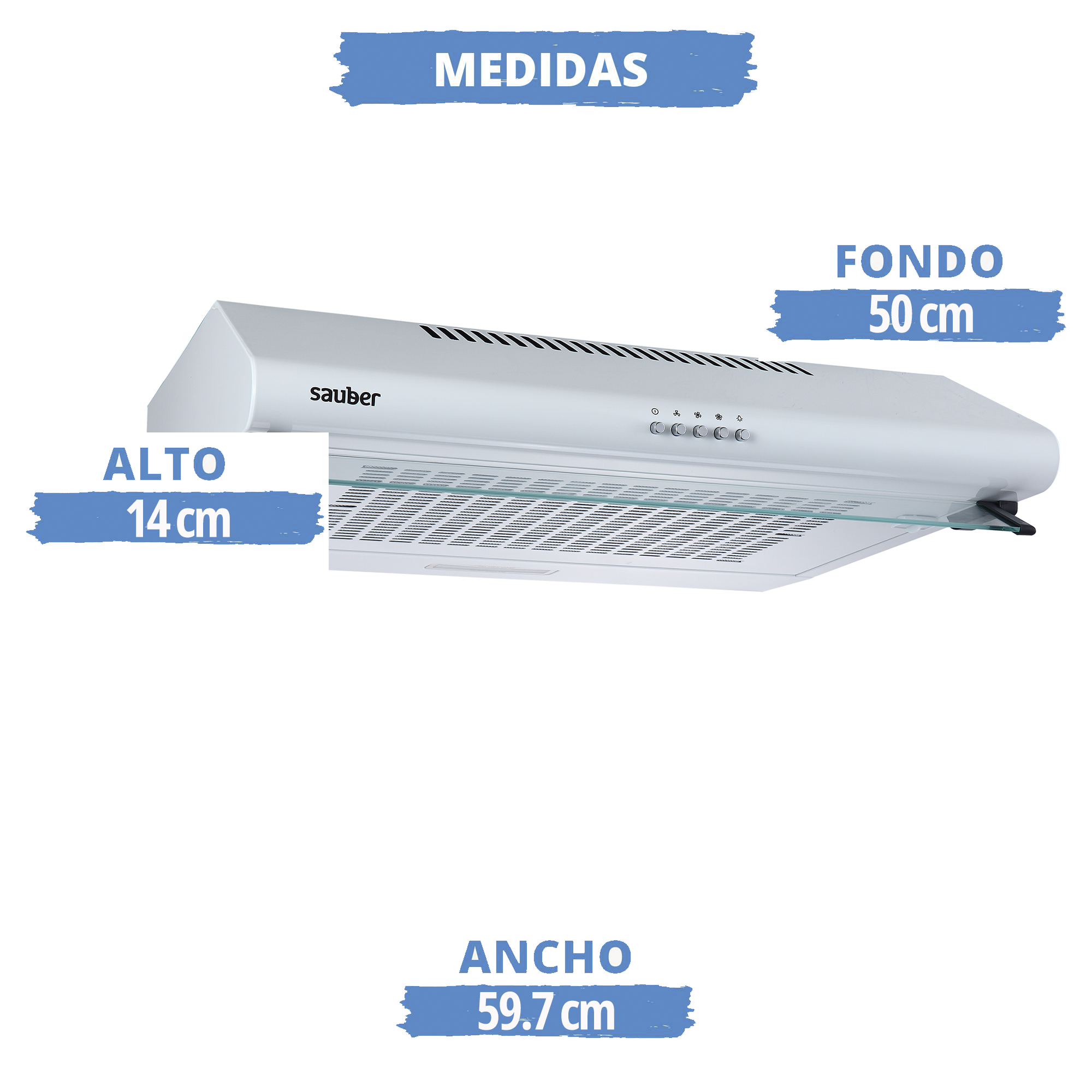 Campana extractora blanca mostrando dimensiones: 14 cm alto, 50 cm fondo, 59.7 cm ancho. Medidas etiquetadas.