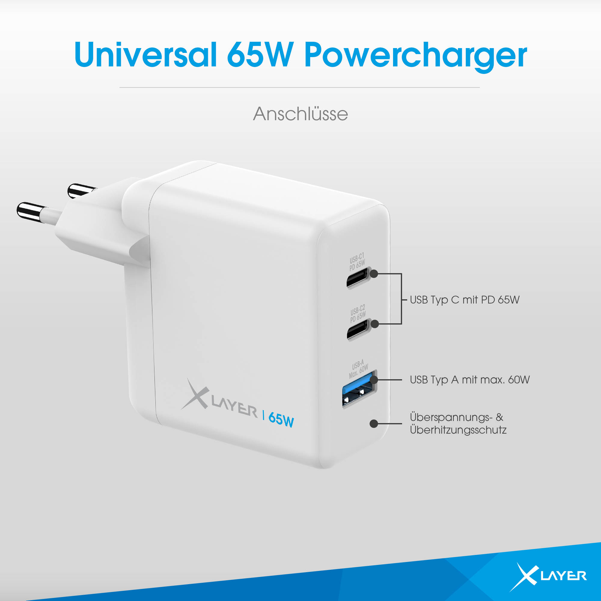 Universal, GaN 65W Weiß Ladegerät USB-C XLAYER Powercharger