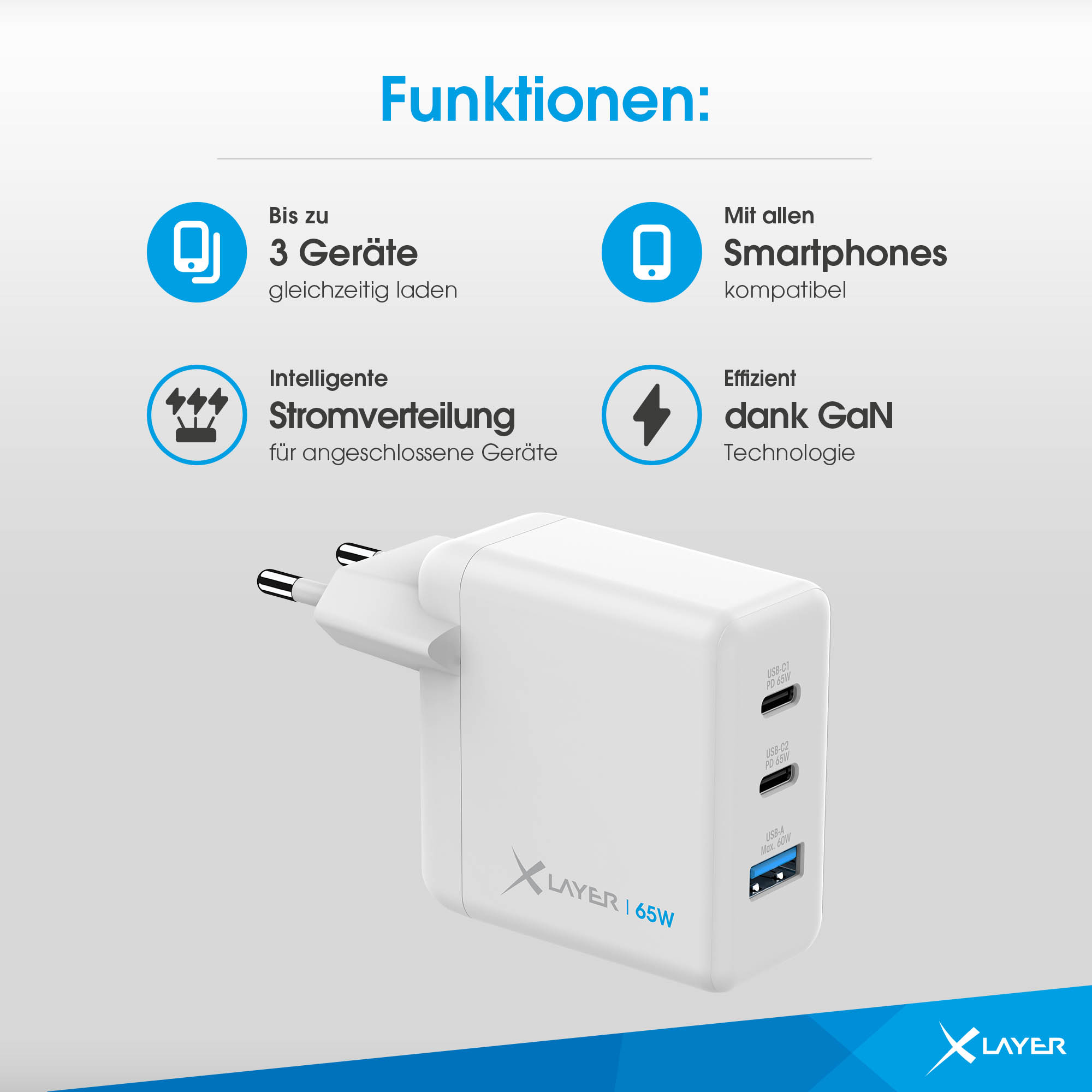 Weißes Netzteil mit mehreren USB-Anschlüssen. Text besagt, dass es bis zu 3 Geräte gleichzeitig laden kann.