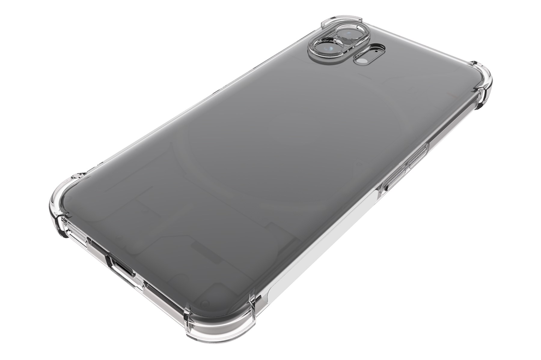 Transparente Handyhülle. Sie ist transparent mit einem schwarzen Kamera-Array. Rückseite ist sichtbar.