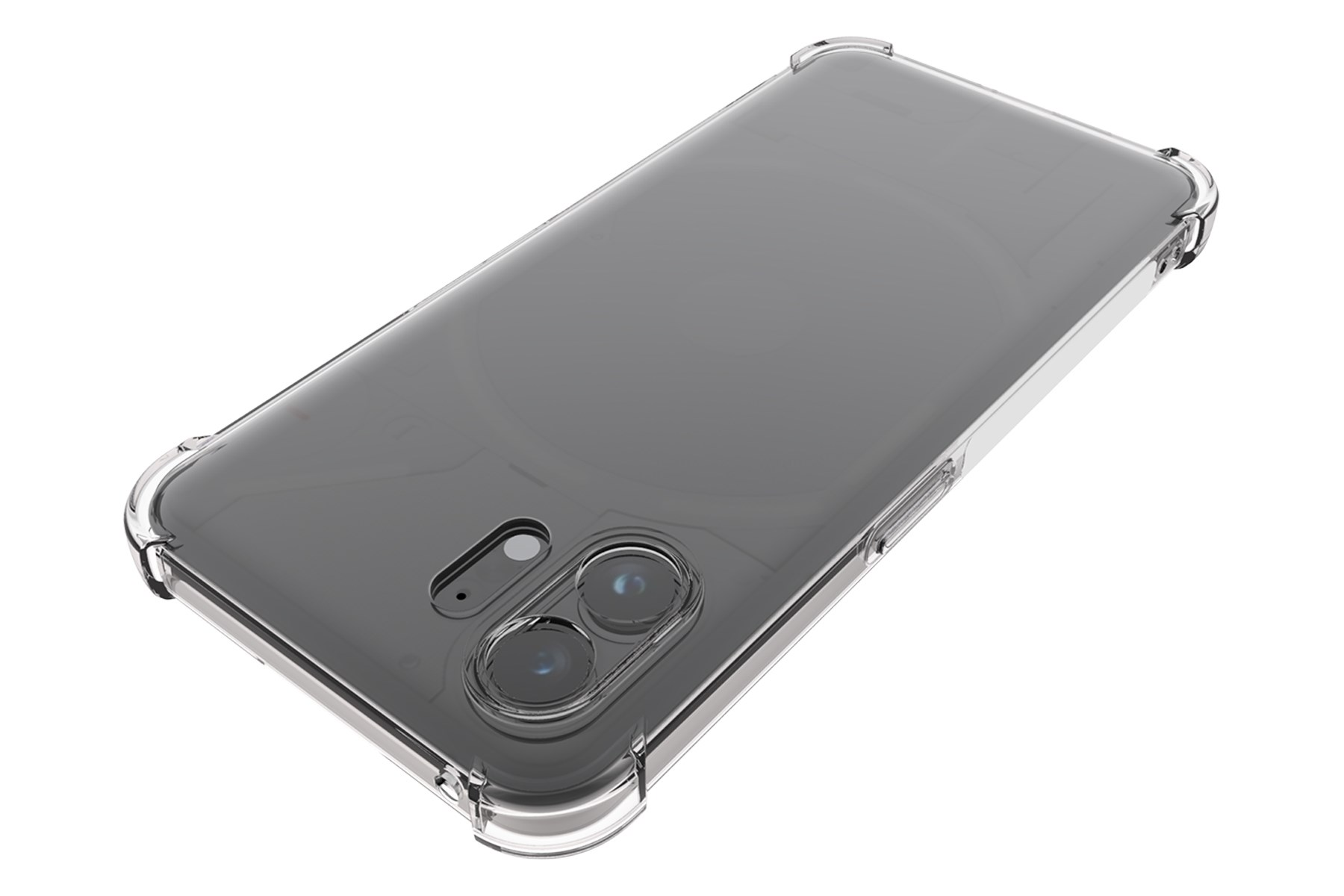 Transparente Handyhülle auf einem Handy, die Kamera und Rückseite des Handys zeigend.