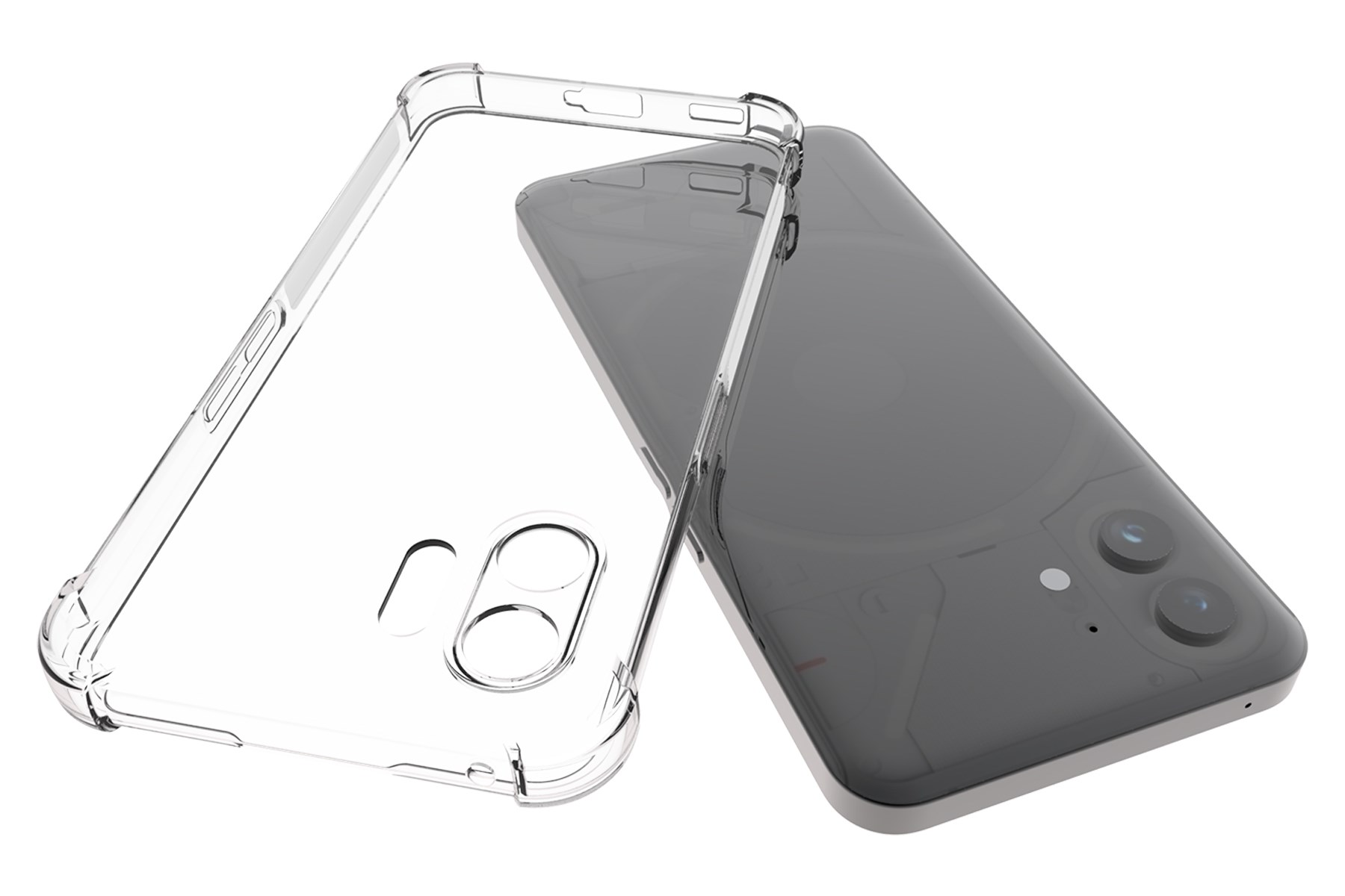Eine transparente Handyhülle neben einem dunkelgrauen Telefon. Die Hülle ist offen und zeigt das Telefondesign.