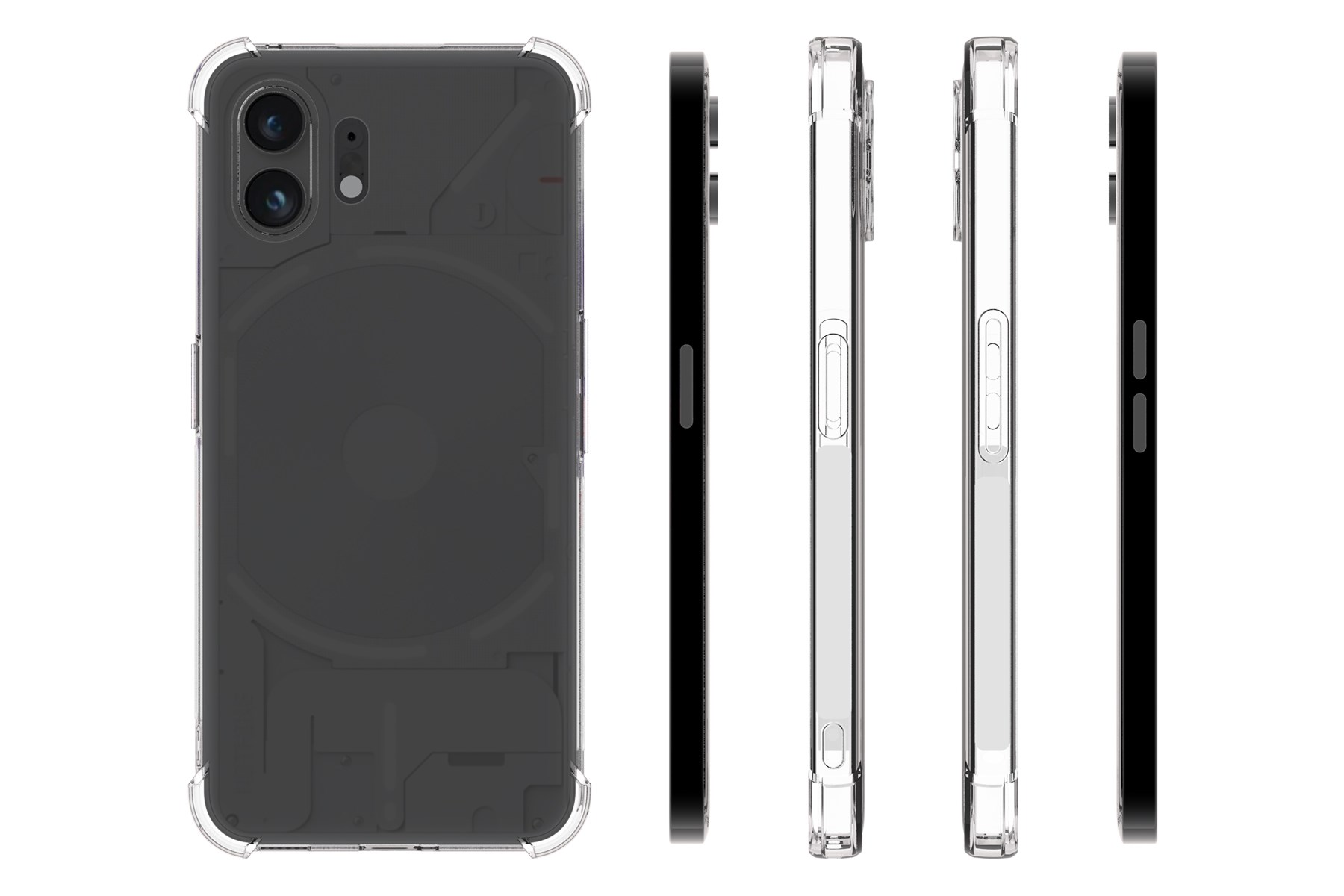 Ein schwarzes Smartphone mit transparenter Hülle, aus mehreren Blickwinkeln betrachtet, Design zeigend.