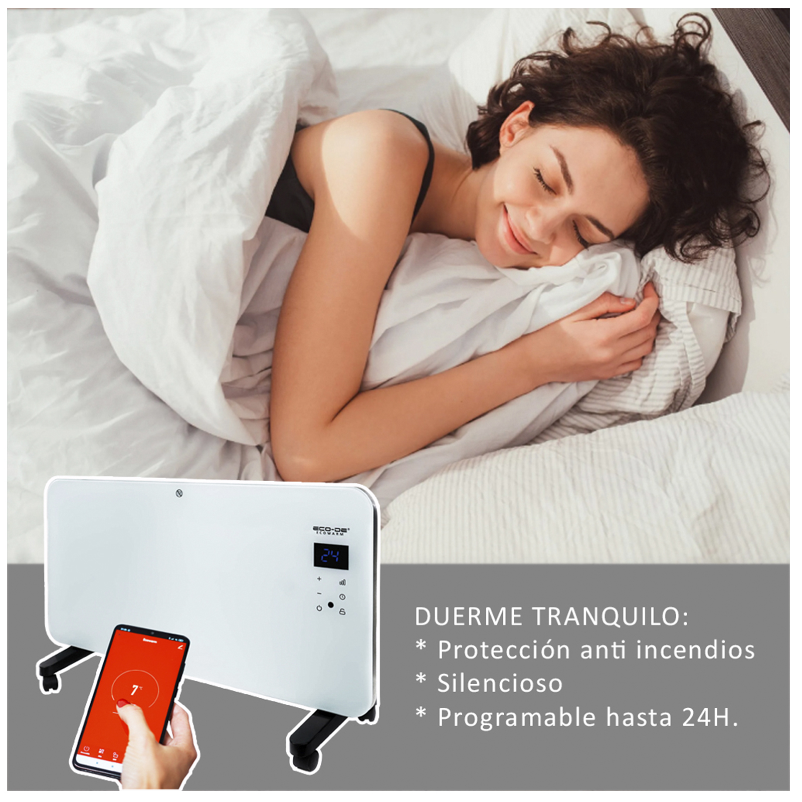 Mujer durmiendo bajo una manta, junto a un calefactor eléctrico blanco. Se ve un teléfono con pantalla roja.