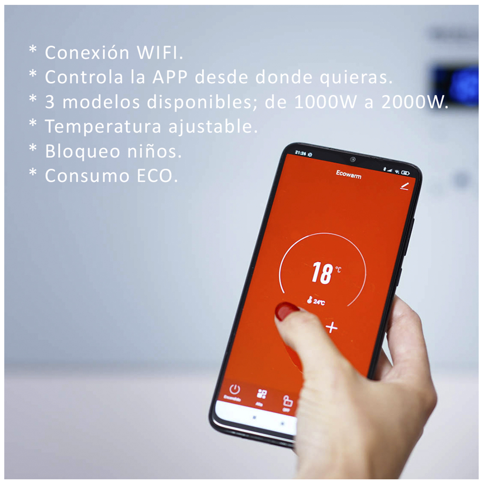 Mano sosteniendo teléfono con interfaz de aplicación. Texto en español e interfaz de control.