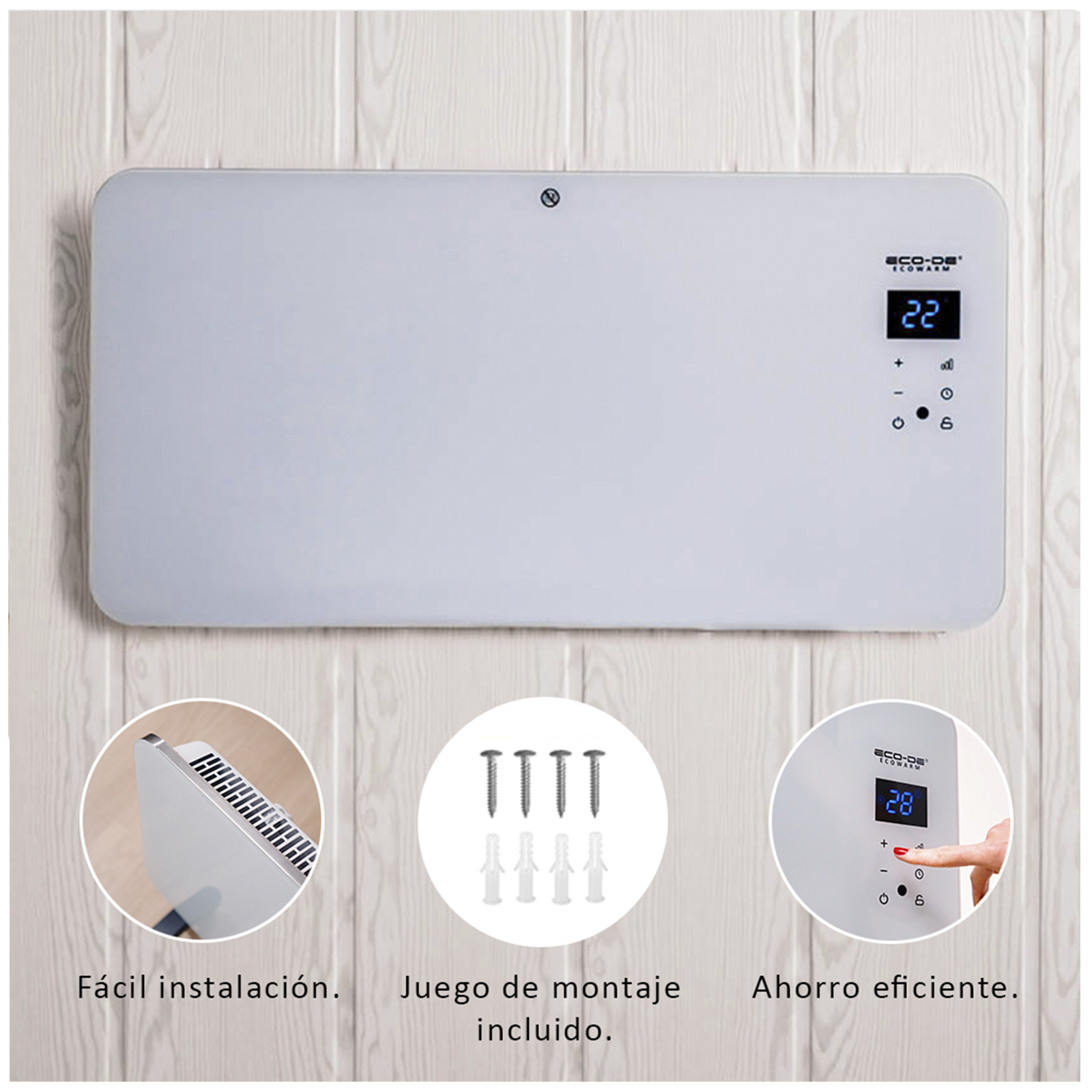 Calentador eléctrico blanco montado en pared, con accesorios y detalles de instalación, mostrando funciones.