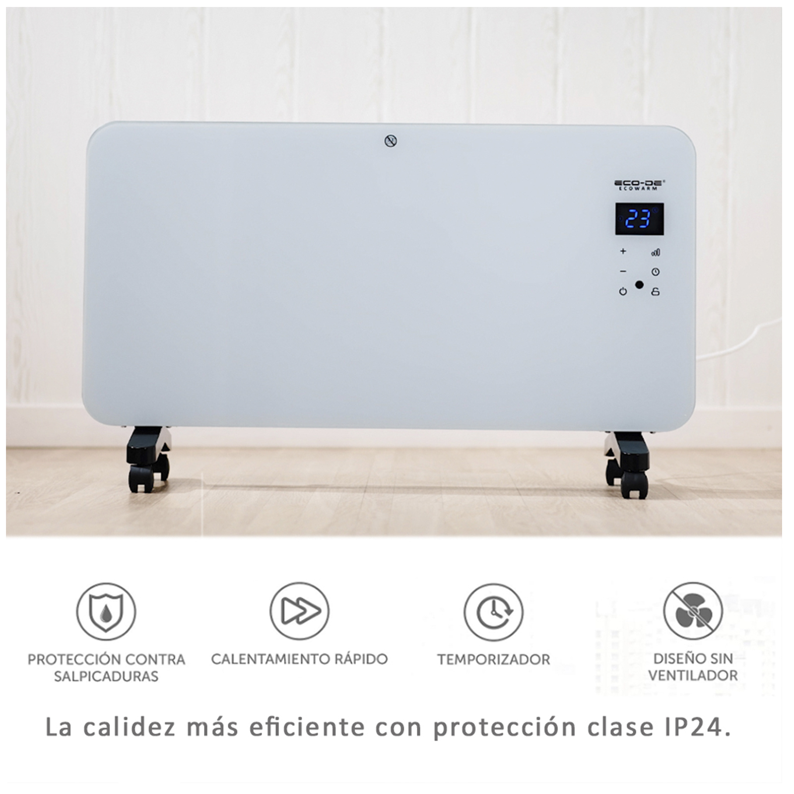 Calentador eléctrico blanco con pantalla digital. Texto: Protección contra salpicaduras, calentamiento rápido.