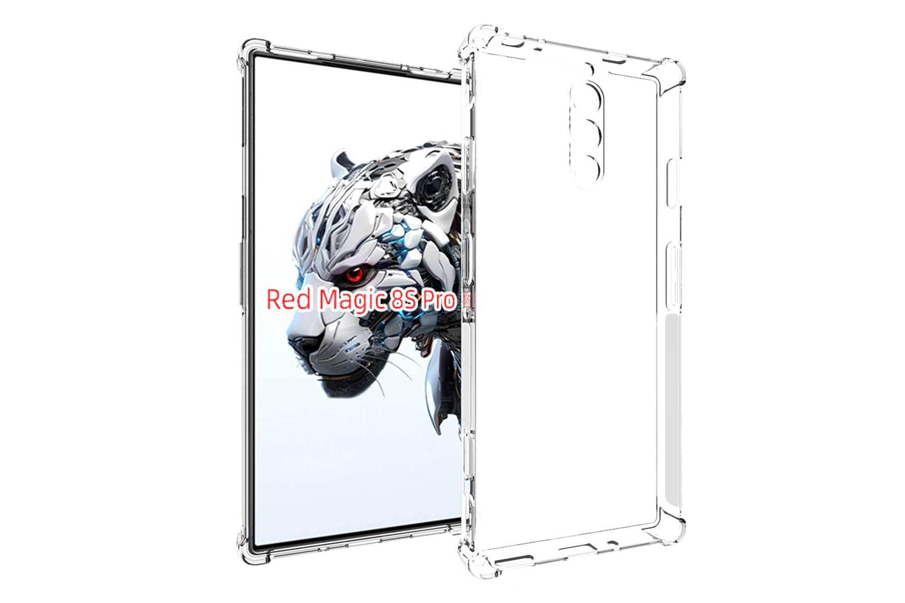 Telefon mit transparentem Gehäuse. Der Bildschirm zeigt einen Tiger. Text: Red Magic 8S Pro.