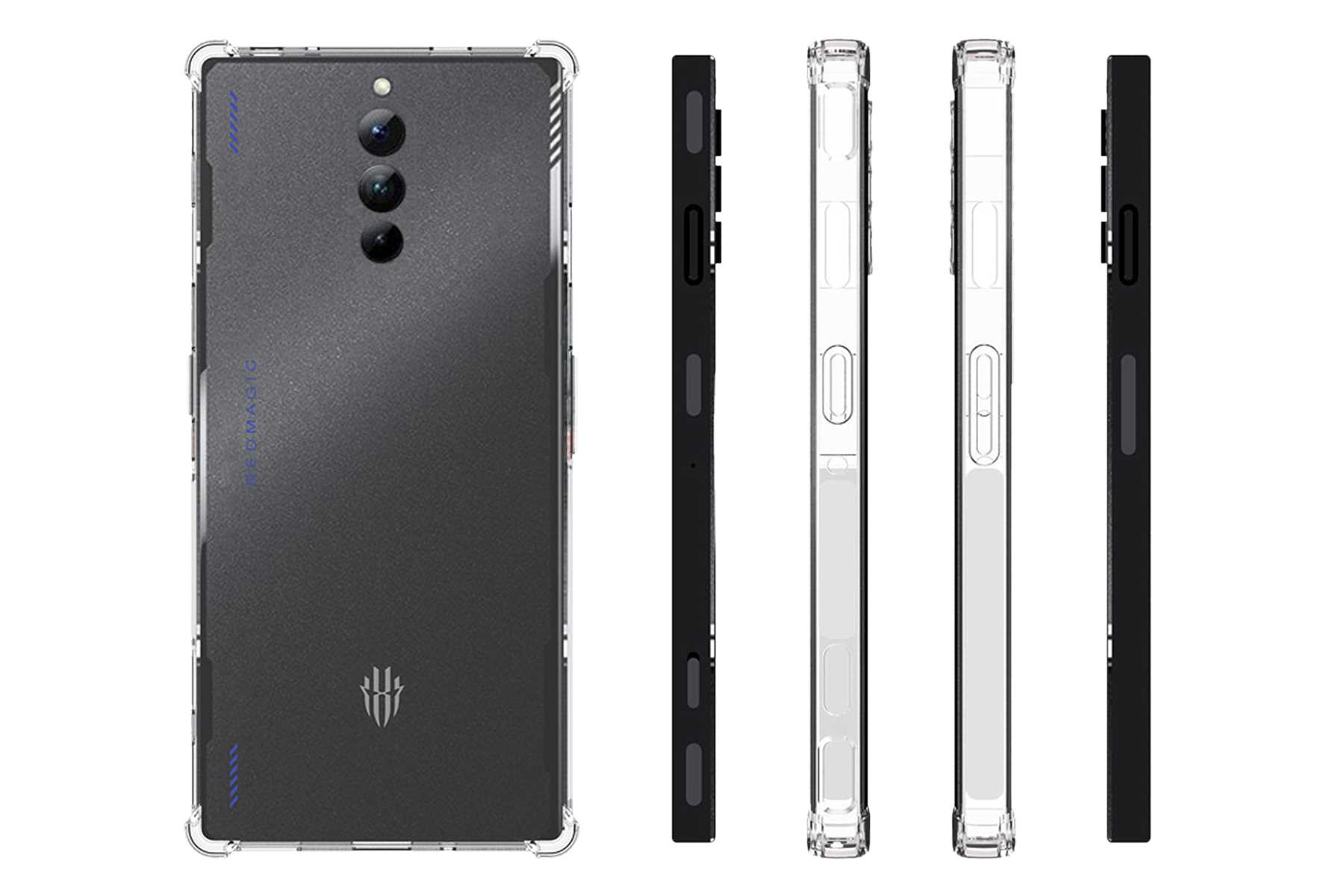 Schwarzes Smartphone mit transparentem Gehäuse, zeigt Rückseite, Seiten und Kamera.