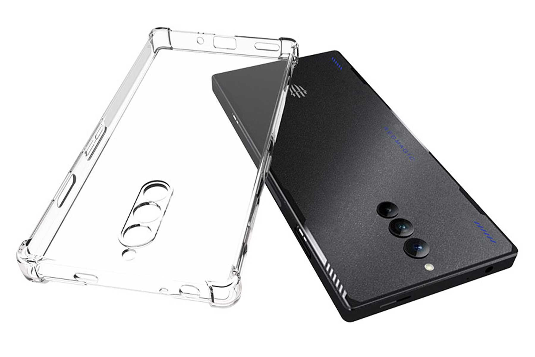 Transparente Handyhülle und schwarzes Telefon. Hülle separat und offen. Weißer Hintergrund.