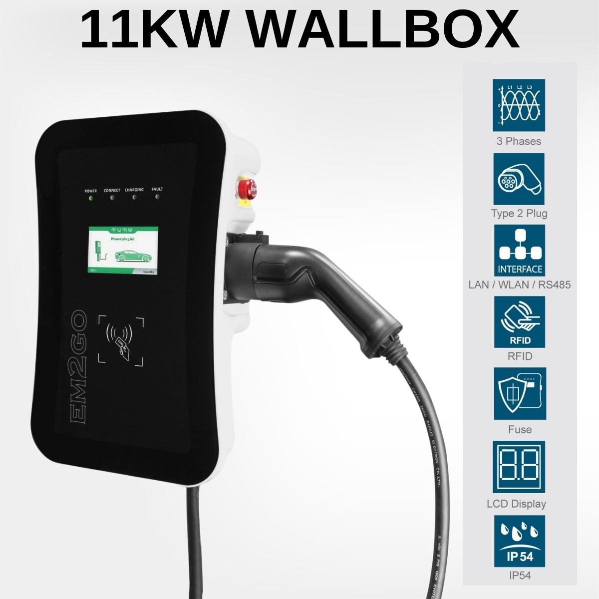EM2GO AC Wallbox 11kW Typ 2 kW (16A für Kabel 7.5m 11 Elektrofahrzeuge, Ladestation 3-Phasig)