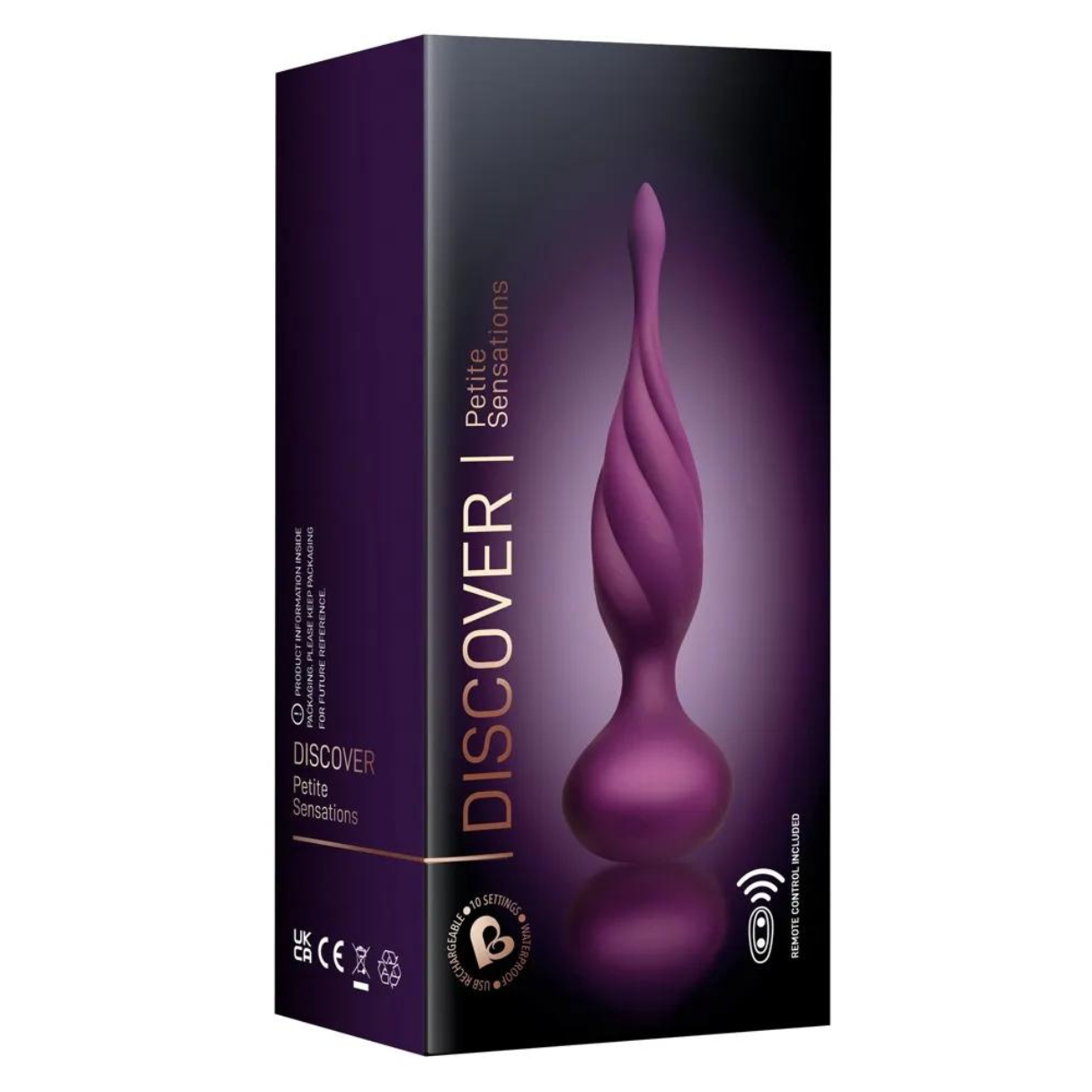 Schachtel eines lila Sexspielzeugs. Die Schachtel trägt das Wort 'Discover' und 'Petite Sensations'.