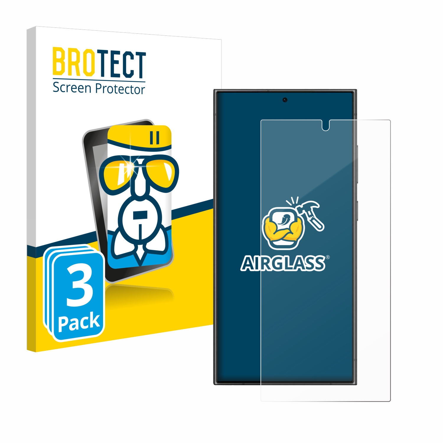 Handy mit Displayschutz, Verpackung links, Displayschutz auf dem Handy-Bildschirm.