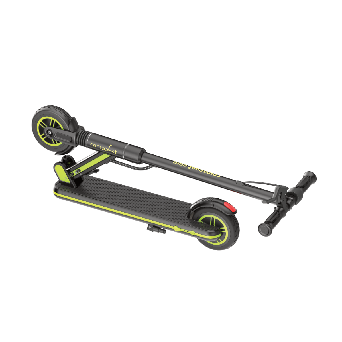 Schwarz-grüner Elektroroller liegt. Der Roller hat Räder und einen Lenker.