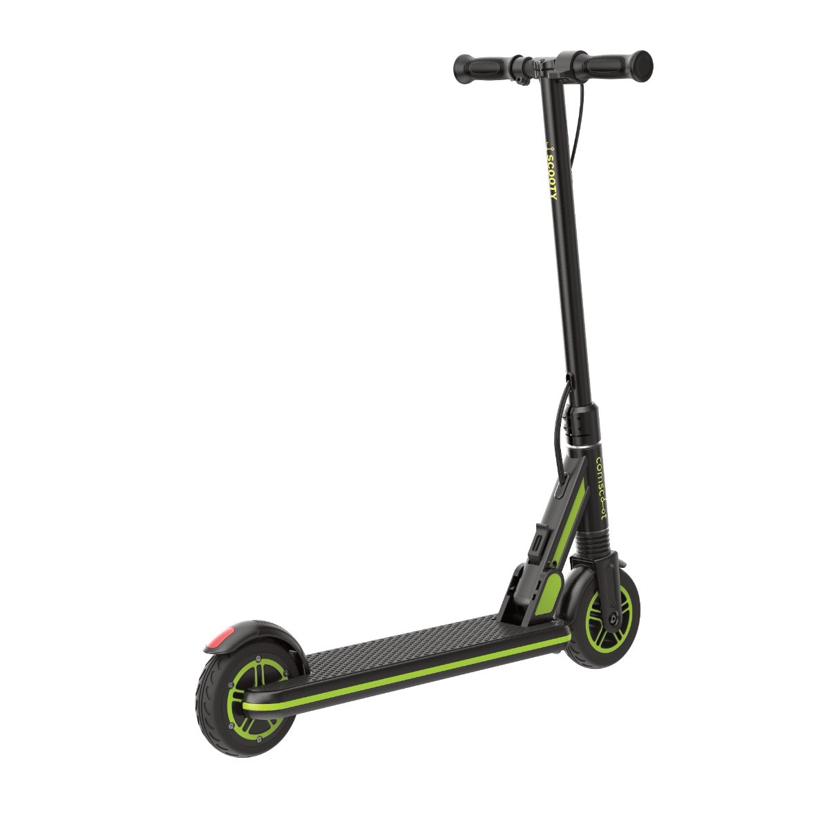 Schwarzer und grüner Elektroroller auf schwarzem Hintergrund. Der Roller ist nach links abgewinkelt.