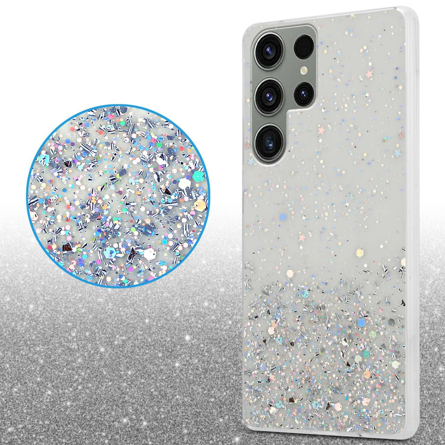 Weiße Handyhülle mit Glitzermuster, ein Kreis mit dem Muster und ein Telefon.