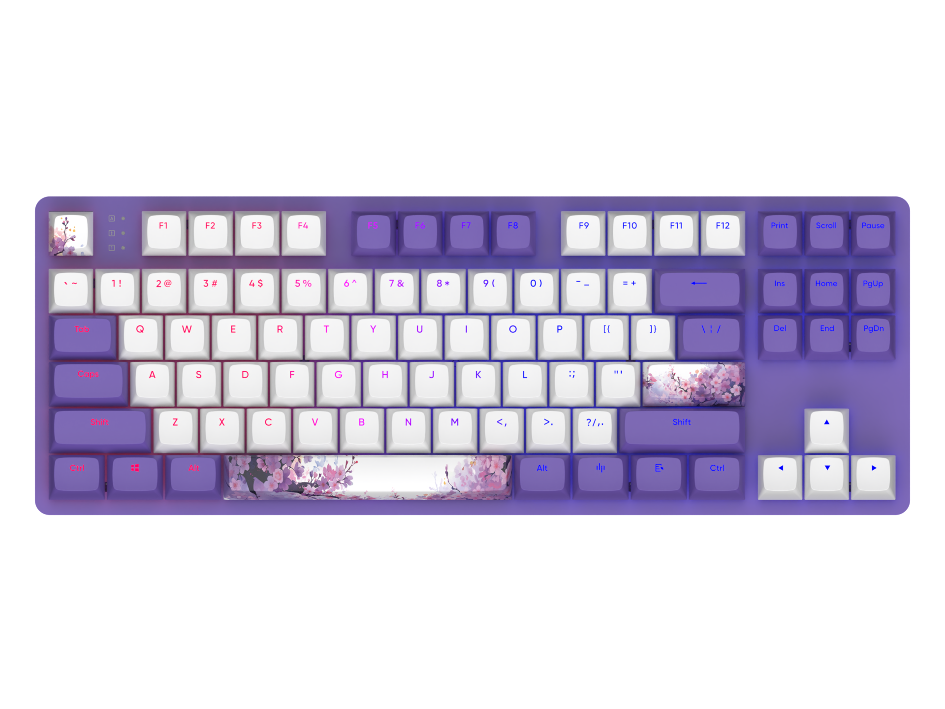 Violette mechanische Tastatur. Tasten sind weiß und violett. Kirschblütendesign auf Leertaste und Funktionstasten.