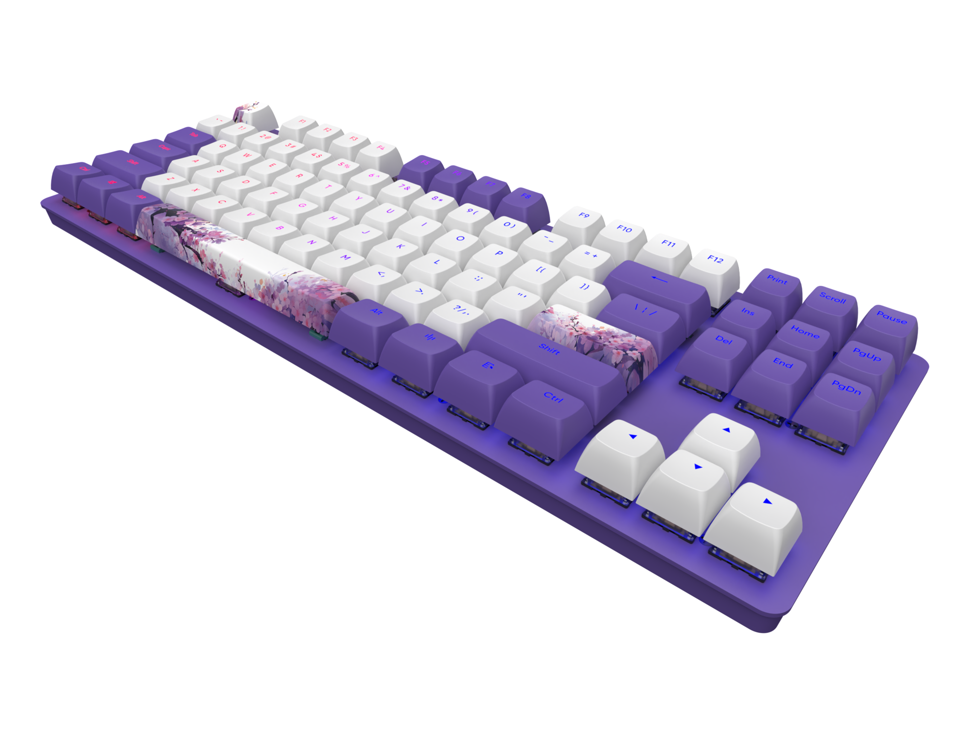 Lila Tastatur mit weißen und lila Tasten. Kirschblüten-Design auf der Leertaste.