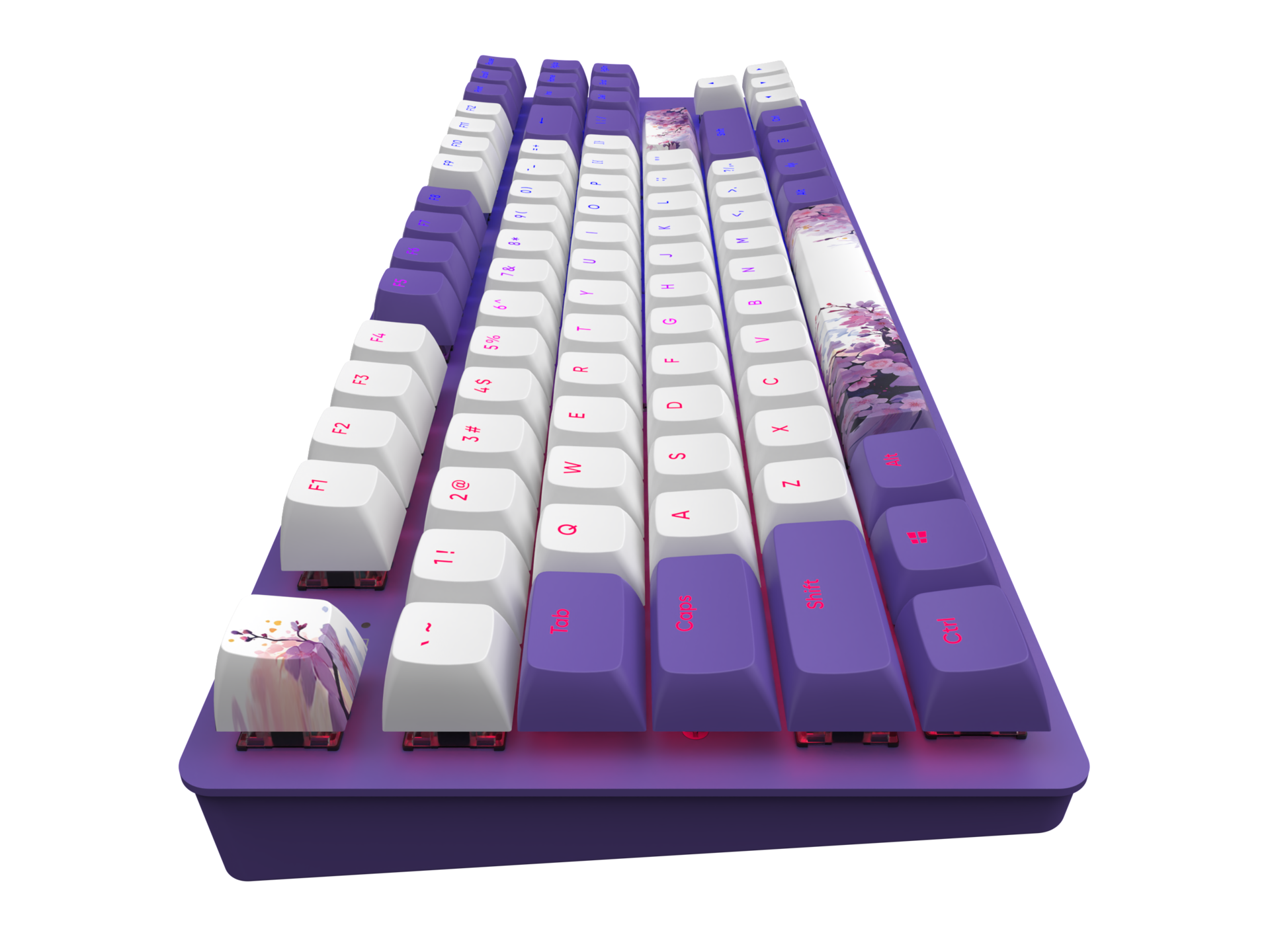 Lila mechanische Tastatur mit weißen und lila Tasten. Blumendesign auf einigen Tasten.