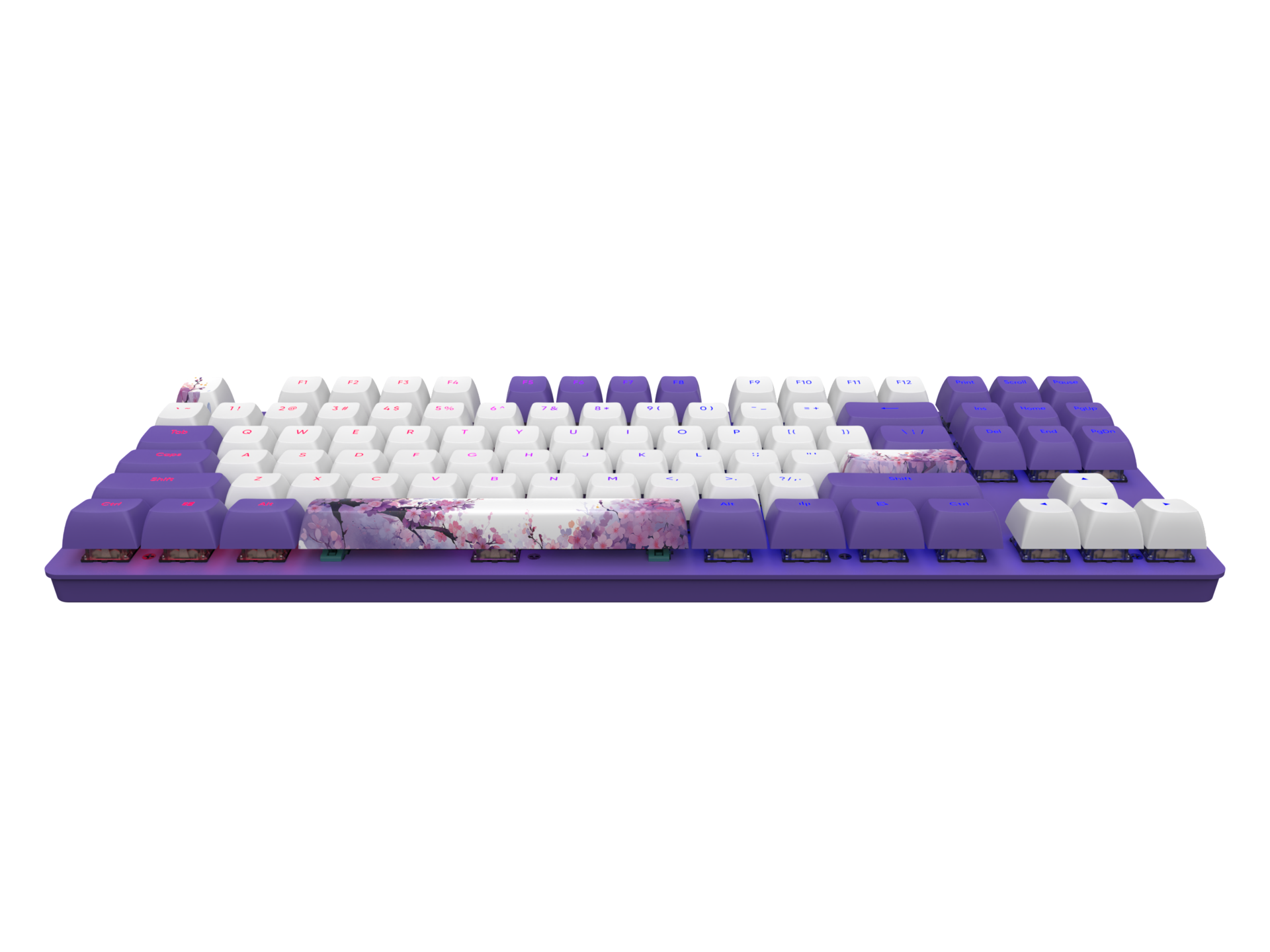 Lila Tastatur mit weißen Tasten und floralem Design. Sie hat lila Tastenkappen.