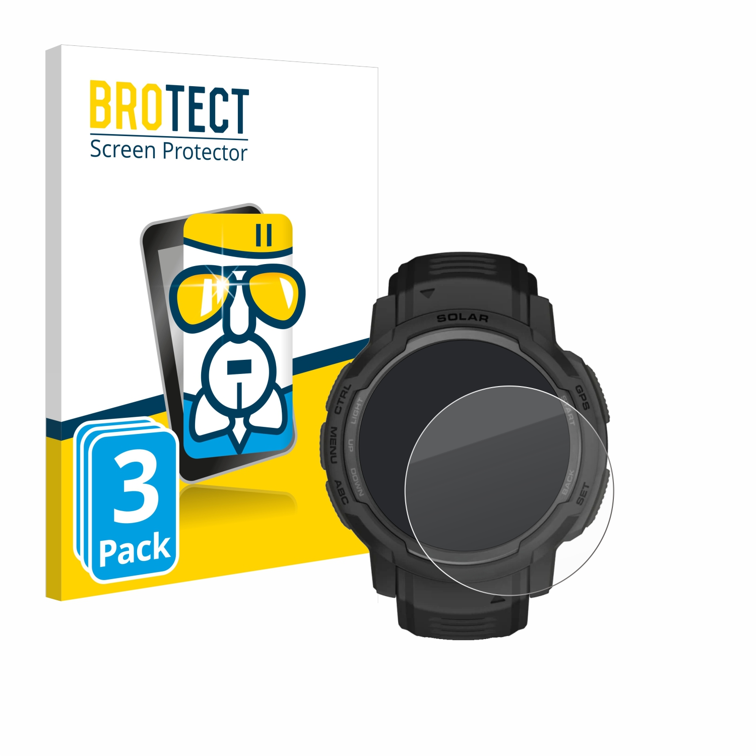 Displayschutzfolienpackung mit Uhr und Displayschutz. Box sagt BROTECT Screen Protector. Weißer Hintergrund.