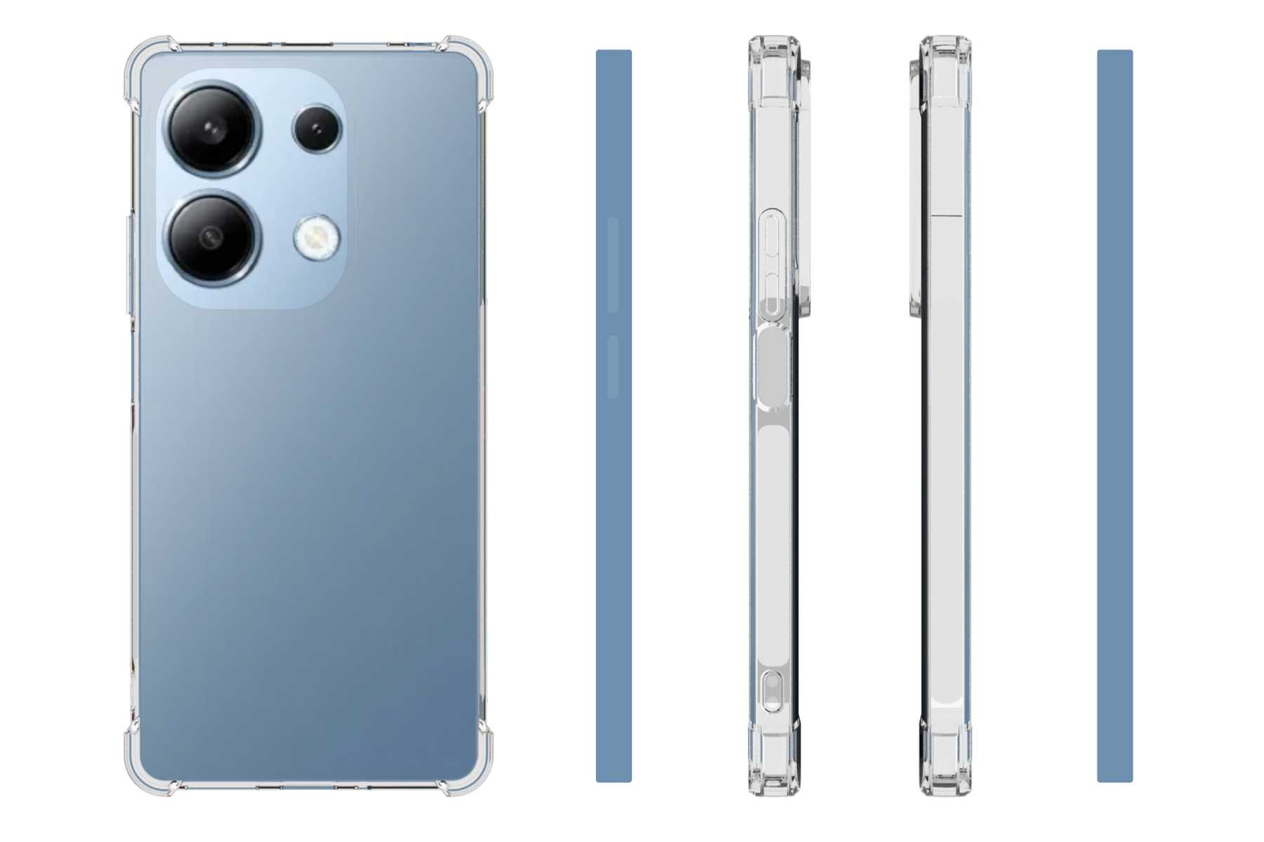 Ein Telefon in einer transparenten Hülle mit mehreren Seitenansichten, auf weißem Hintergrund.