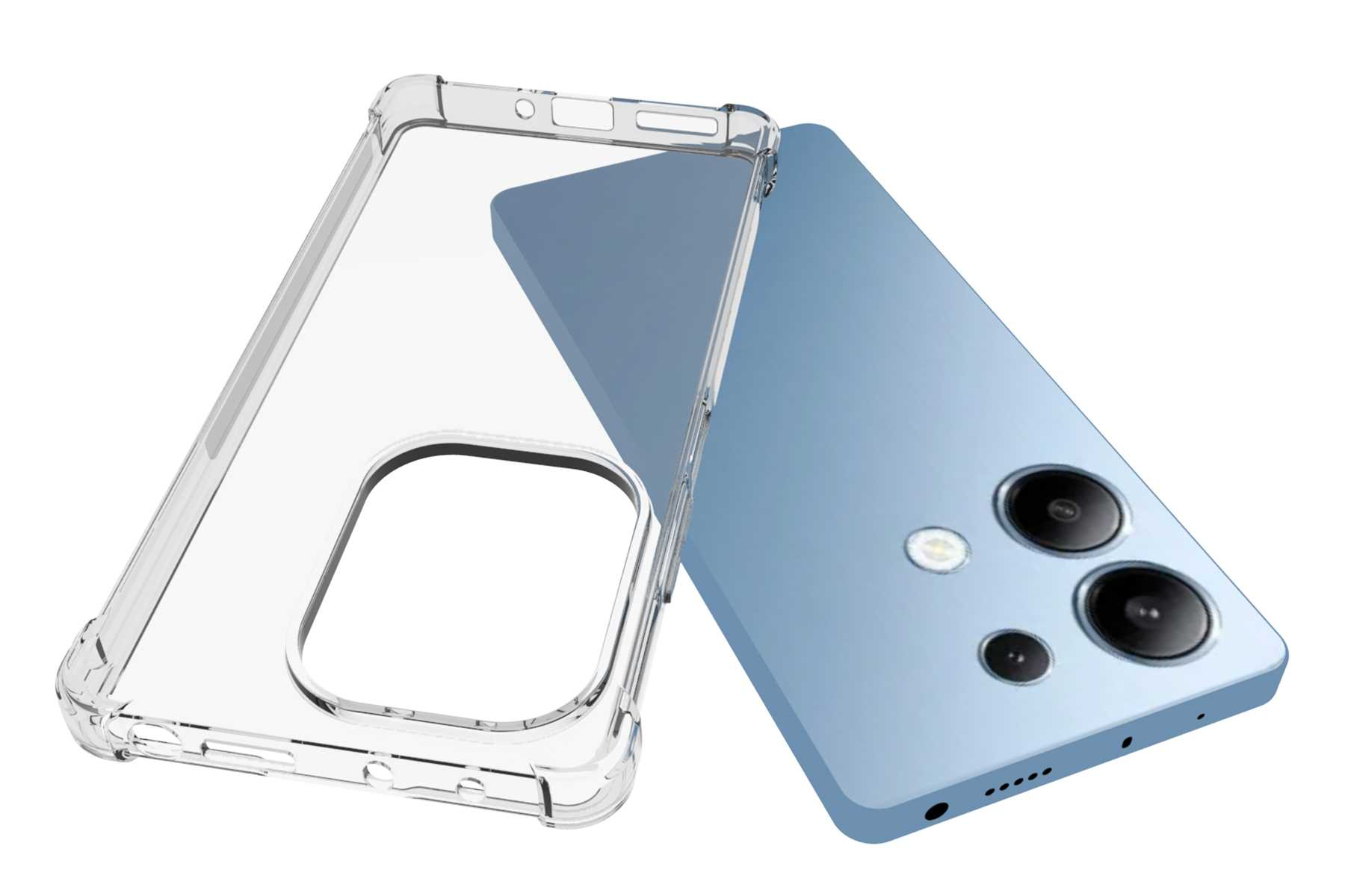 Ein Telefon und eine transparente Telefonhülle. Telefon ist blau, Hülle ist transparent.