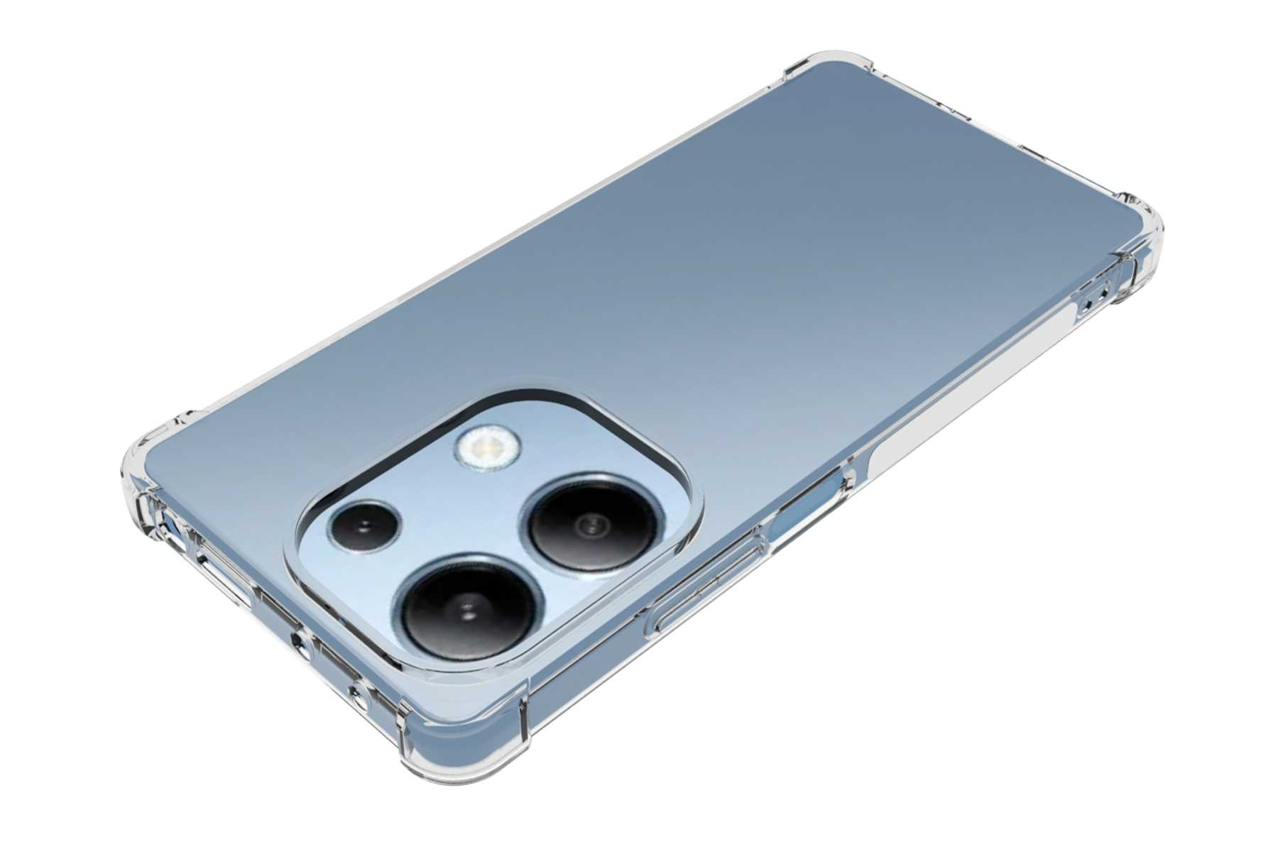 Eine transparente Handyhülle auf einem Telefon. Das Telefon hat eine Kameraerhebung und liegt auf weißer Oberfläche.
