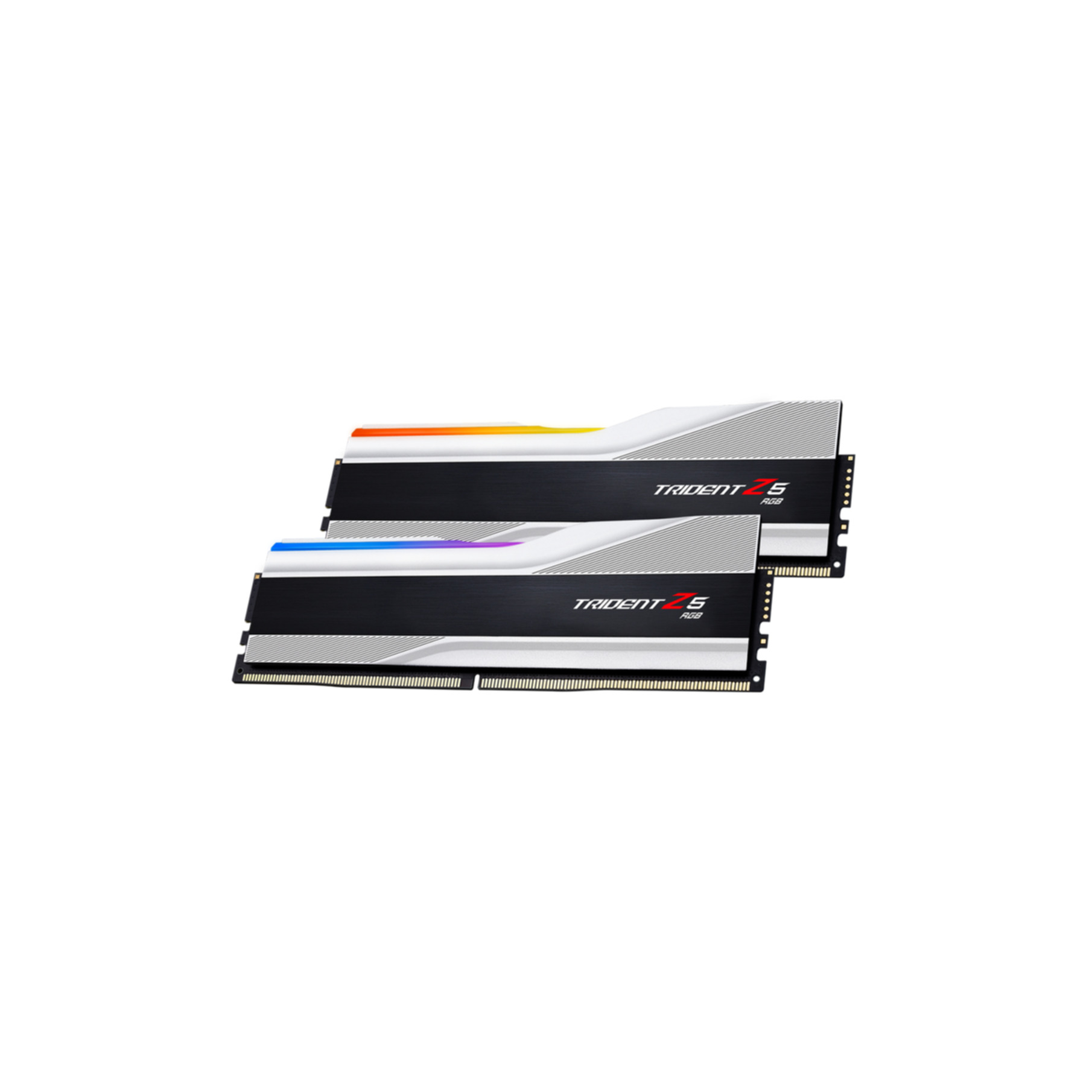 Zwei RAM-Riegel mit RGB. Silber und Schwarz mit dem Trident Z5 RGB-Logo. Weißer Hintergrund.
