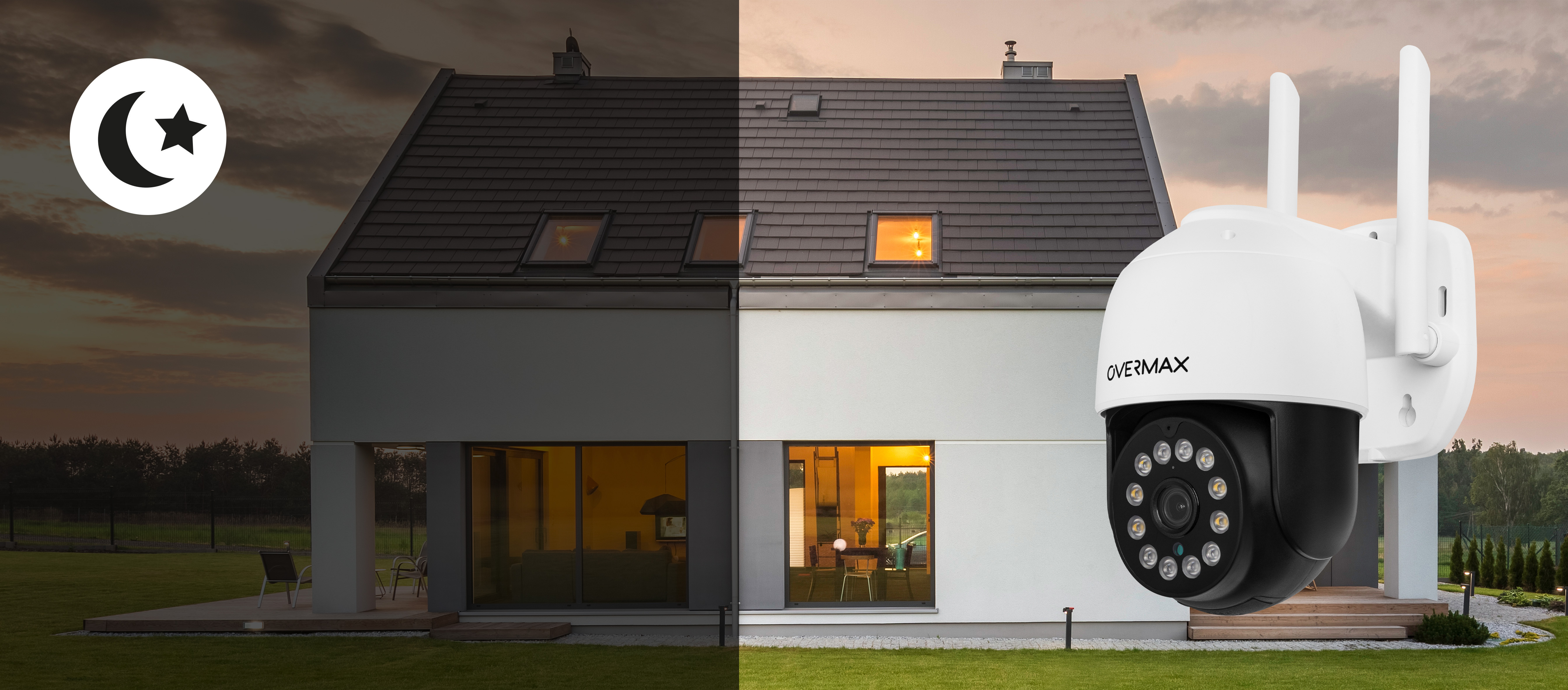 Kamera bezpieczeństwa na domu o zmierzchu, z ikoną księżyca w lewym górnym rogu.