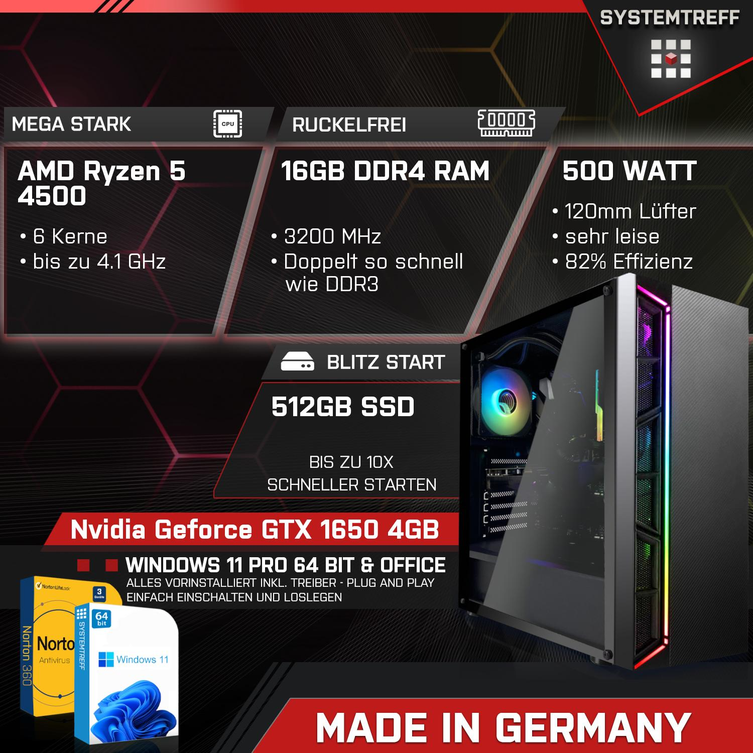 SYSTEMTREFF Gaming Komplett AMD Ryzen 4 RAM, Prozessor, GB Komplett 16 4500 4 GB 512 GB, 1650 4500, mit Geforce Nvidia GB 5 SSD, PC GTX