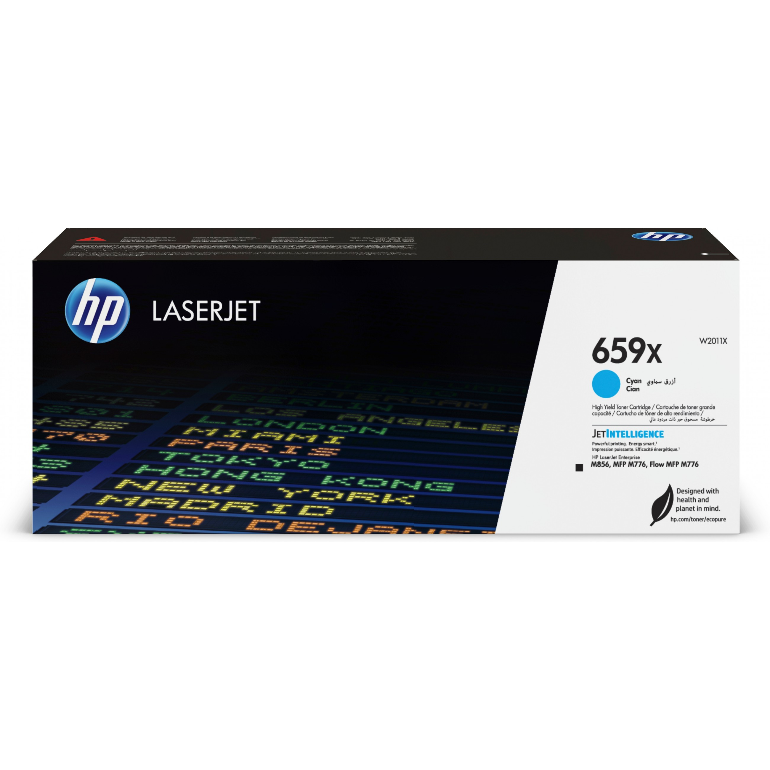 Pudełko z tonerem HP LaserJet. Toner cyjanowy z napisem '659x'. Tło: wzór mapy świata.